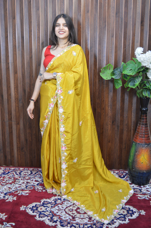 Pure Crape Saree with exclusive handwork and heavy blouse piece
