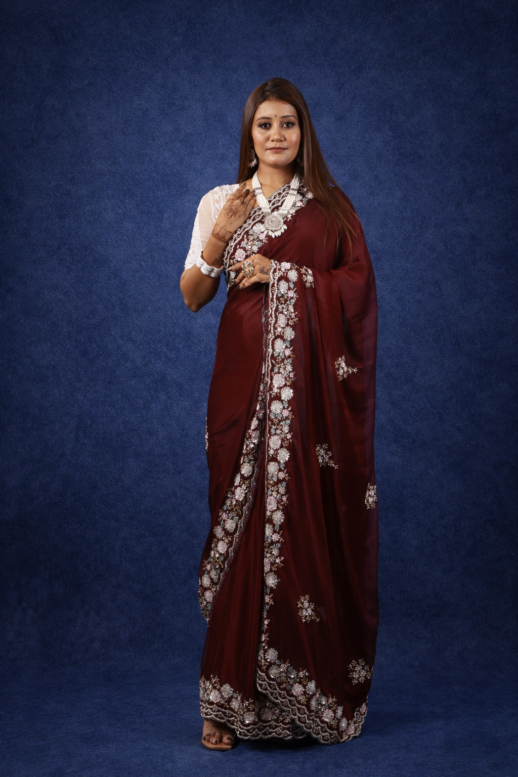 Sundori Premium Satin Saree with exclusive handwork