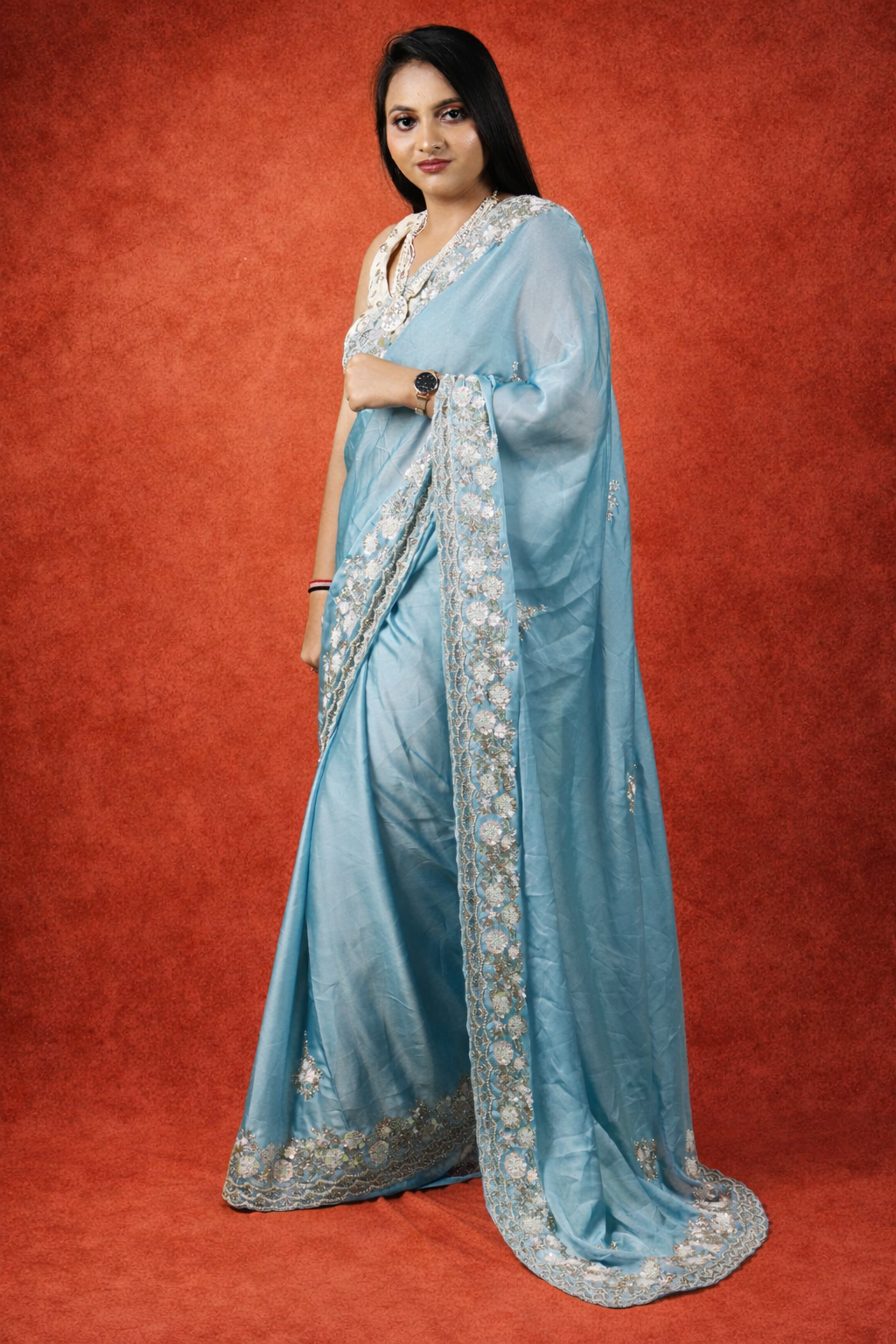 Sundori Premium Satin Saree with exclusive handwork