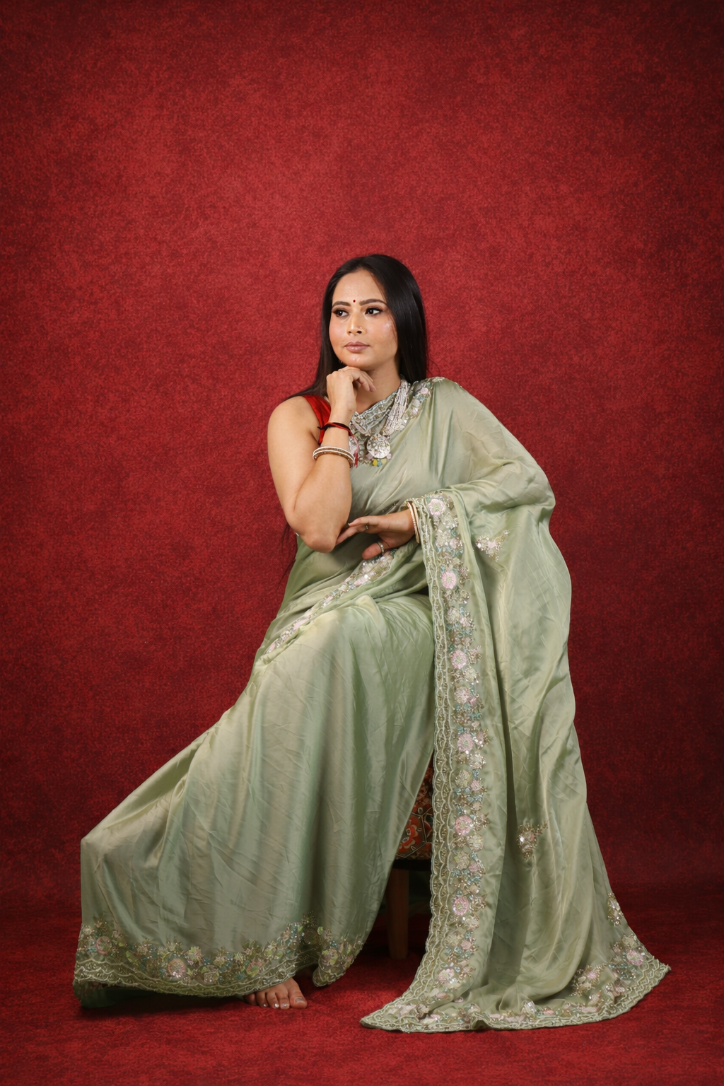 Sundori Premium Satin Saree with exclusive handwork