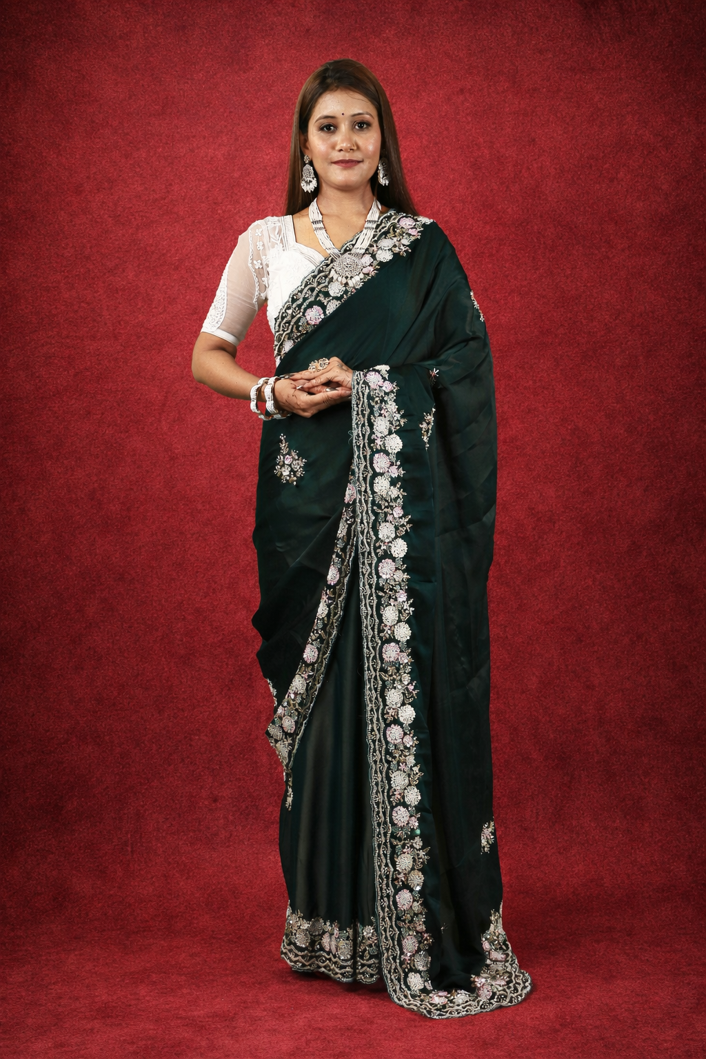Sundori Premium Satin Saree with exclusive handwork
