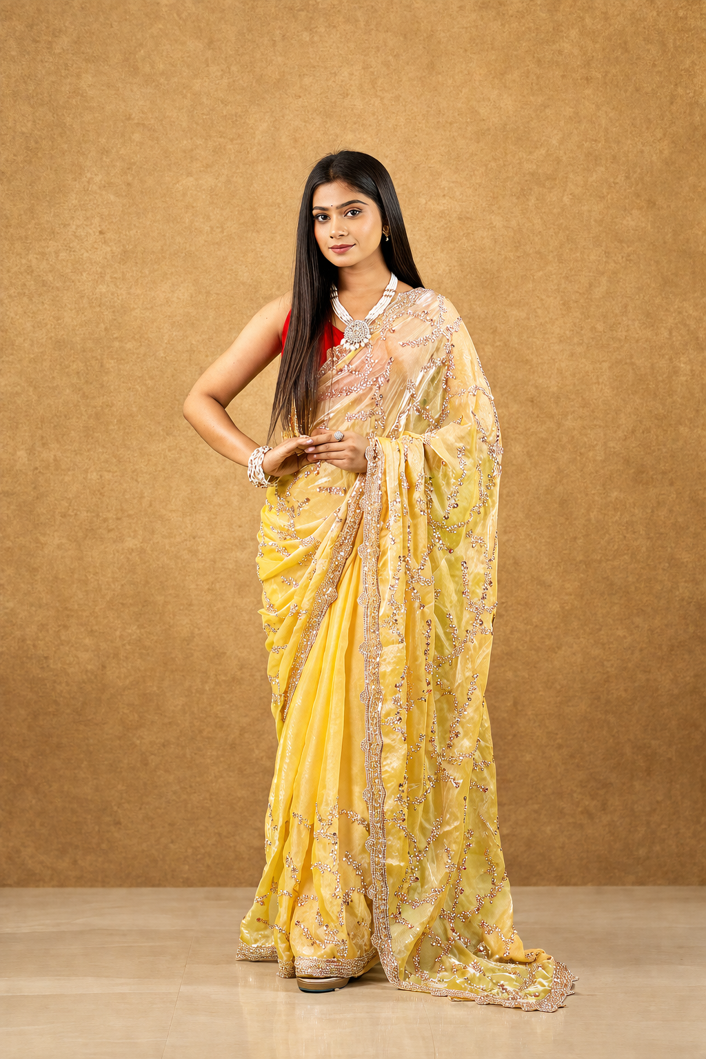 Sitara Fendy Satin Saree in slick border with heavy full sleeve blouse piece