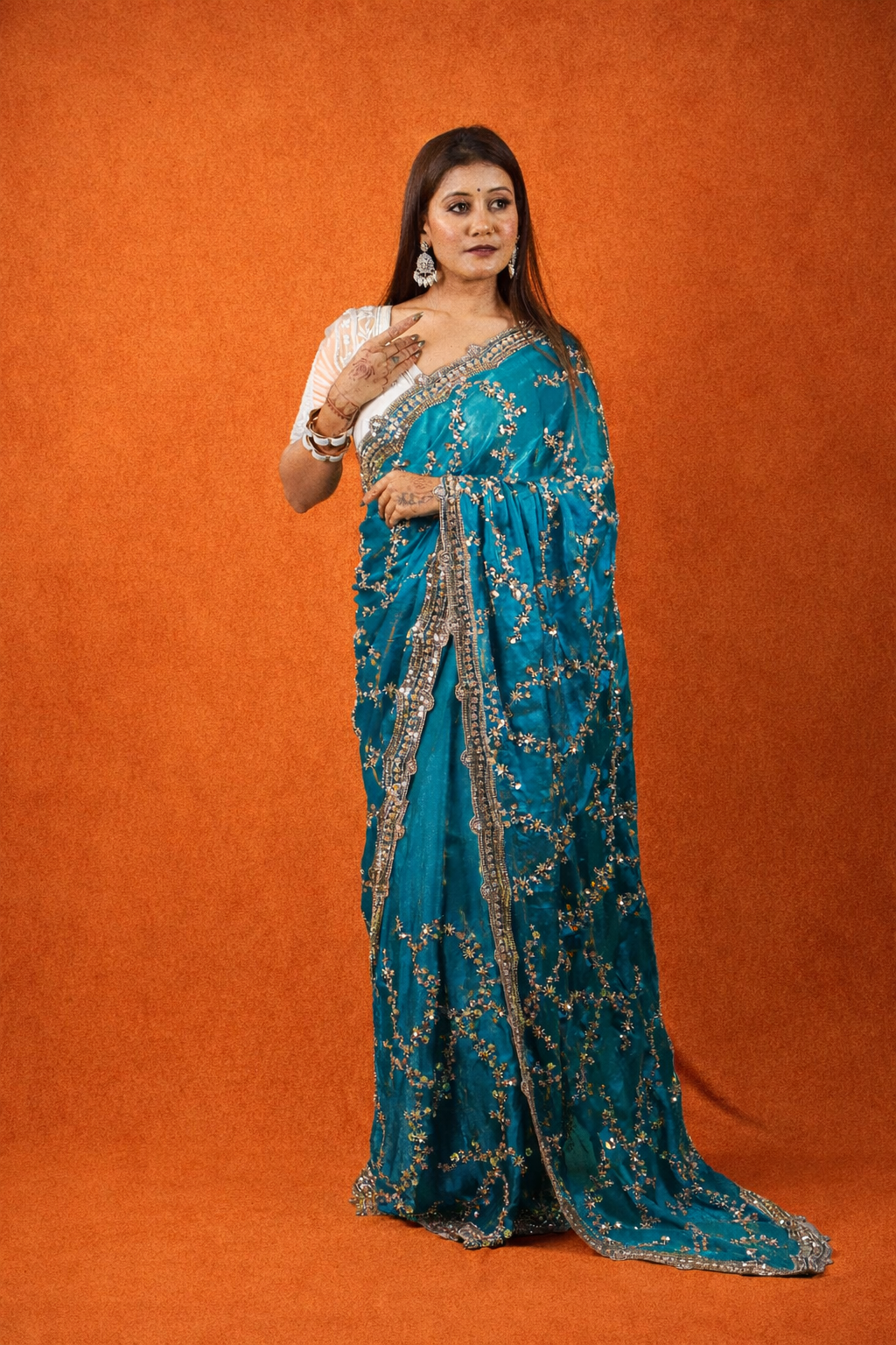 Sitara Fendy Satin Saree in heavy border and full sleeve blouse piece