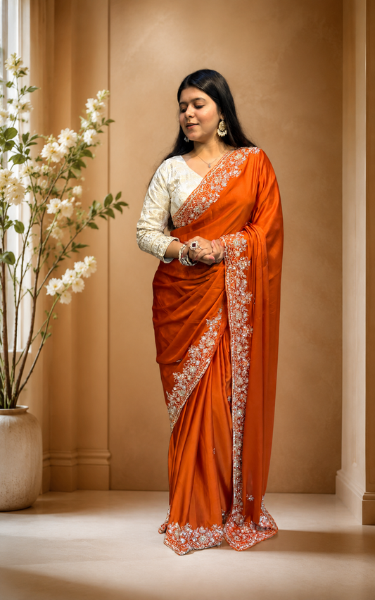 tulip handwork premium satin saree