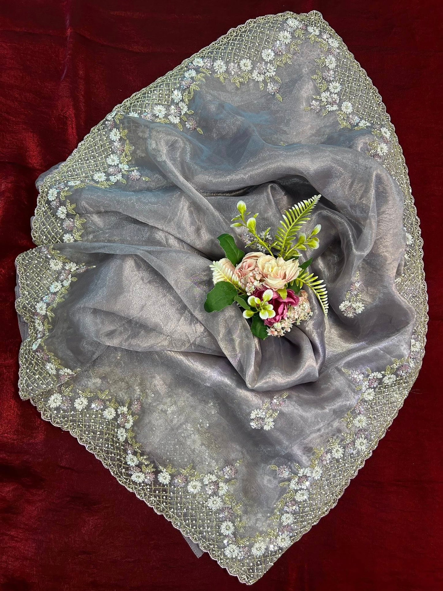 Handworked Tissue organza saree in triangle motif