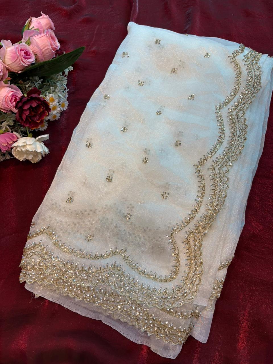 Dhamaka Tissue Organza saree in cutwork border