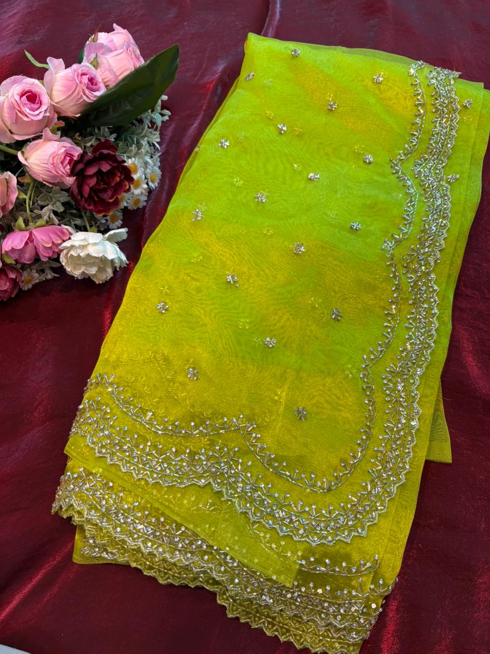 Dhamaka Tissue Organza saree in cutwork border