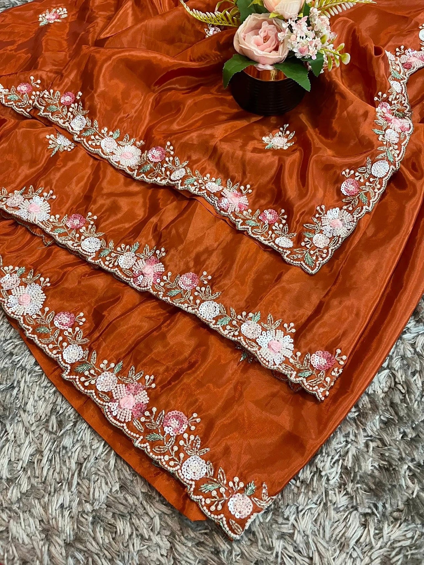 Pure Crape Saree with exclusive handwork and heavy blouse piece