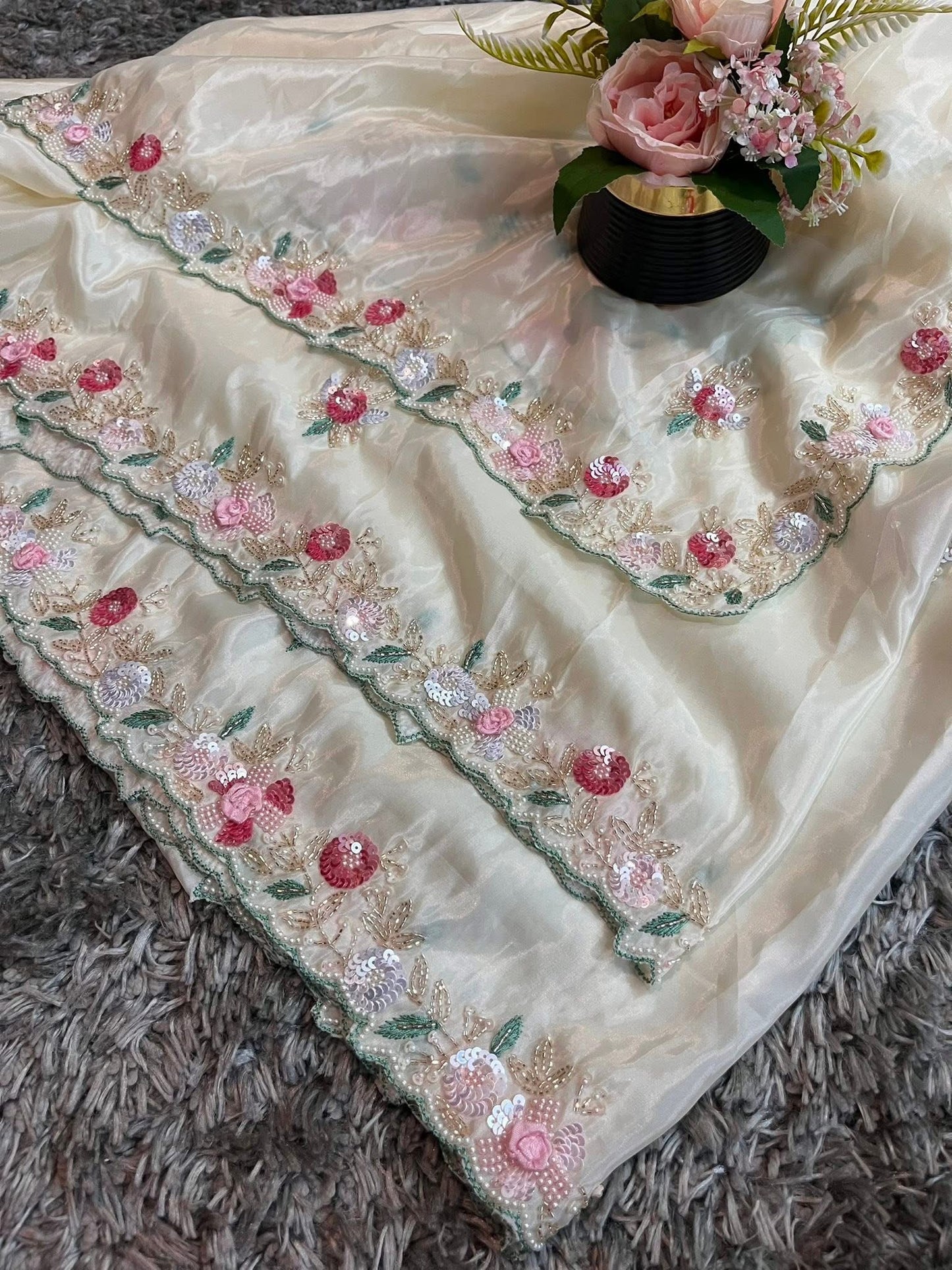 Pure Crape Saree with exclusive handwork and heavy blouse piece