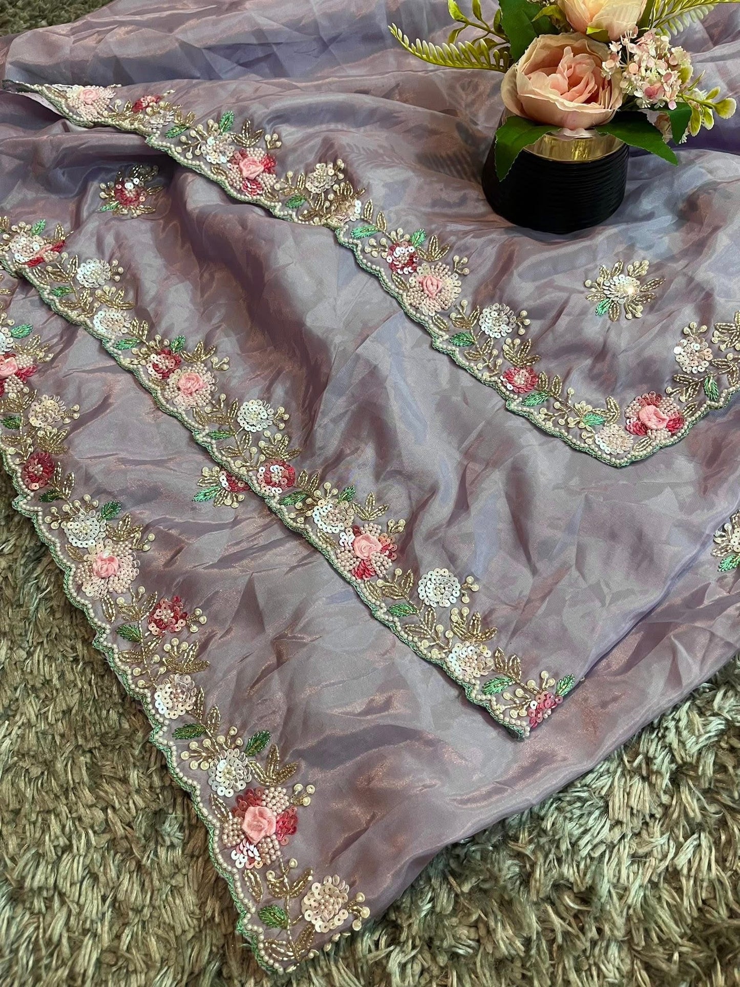 Pure Crape Saree with exclusive handwork and heavy blouse piece