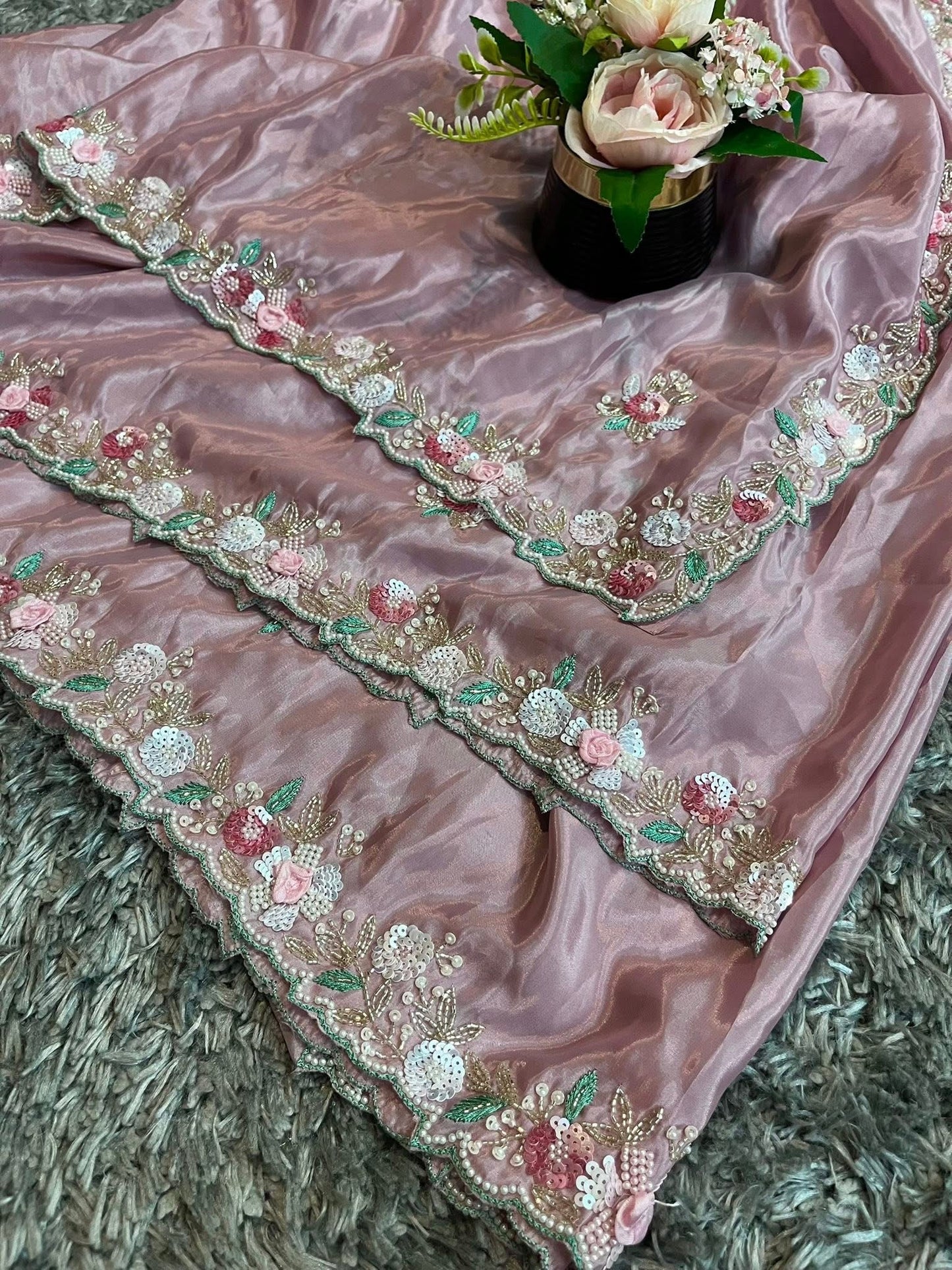 Pure Crape Saree with exclusive handwork and heavy blouse piece