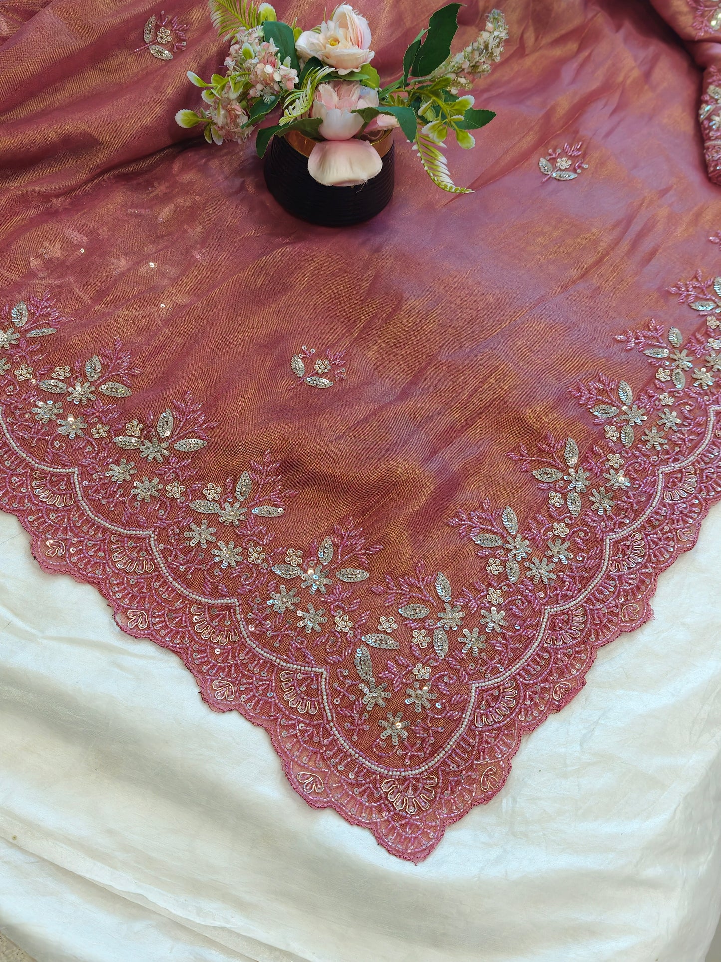 Richa Handworked Pure Tissue Saree with full sleeve heavy blouse piece