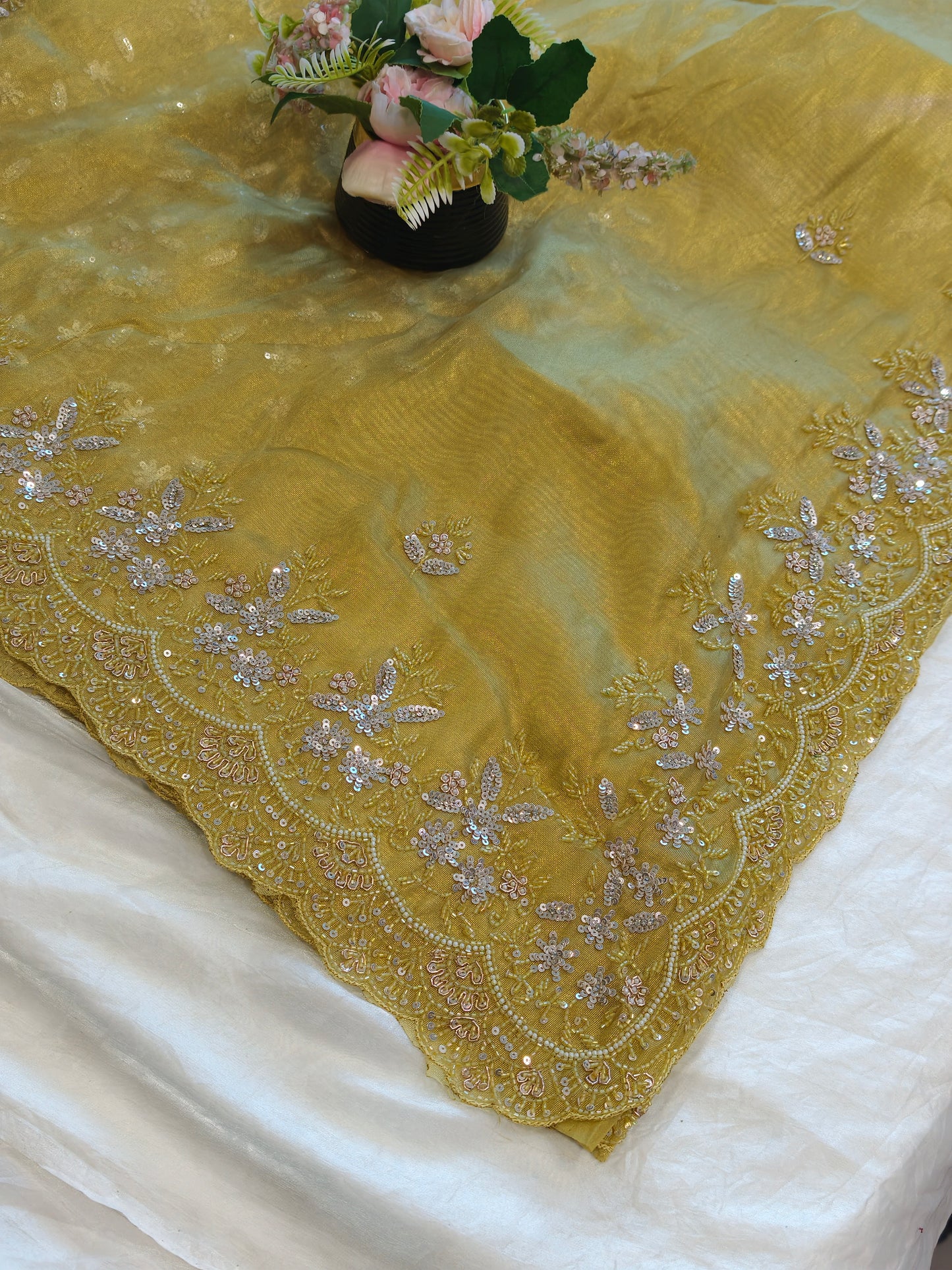 Richa Handworked Pure Tissue Saree with full sleeve heavy blouse piece