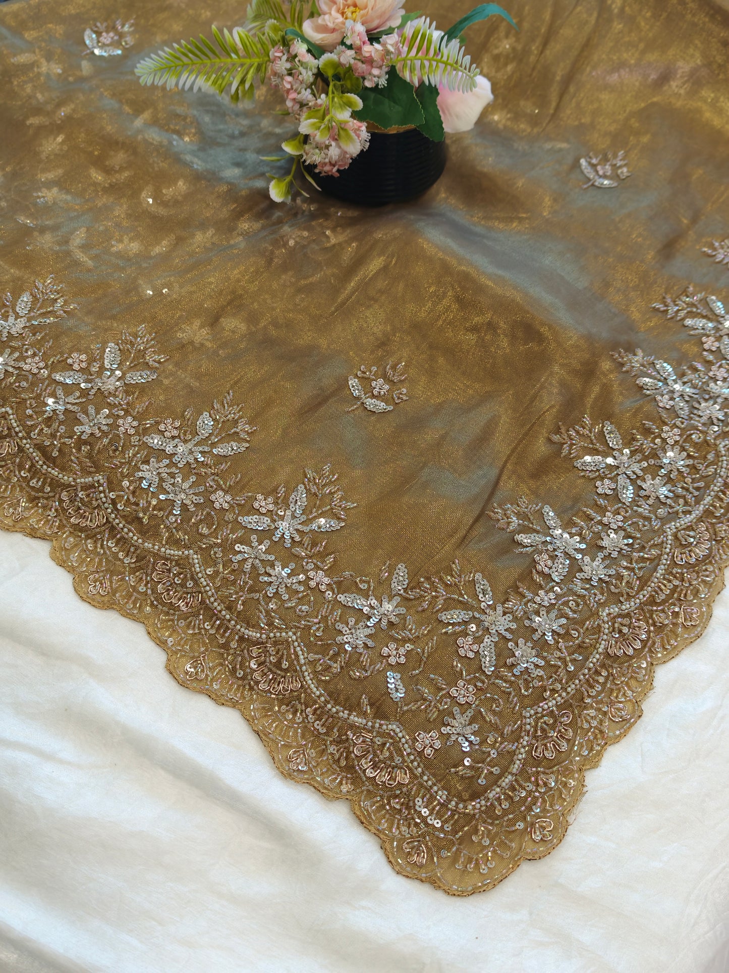 Richa Handworked Pure Tissue Saree with full sleeve heavy blouse piece