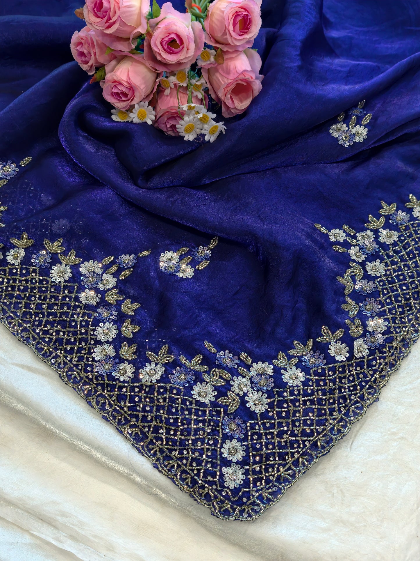 Exclusive Fendy Satin Saree with Hand-worked Triangle Motif