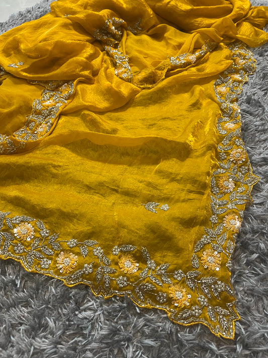 Handworked Fendy  satin sarees in heavy flower border