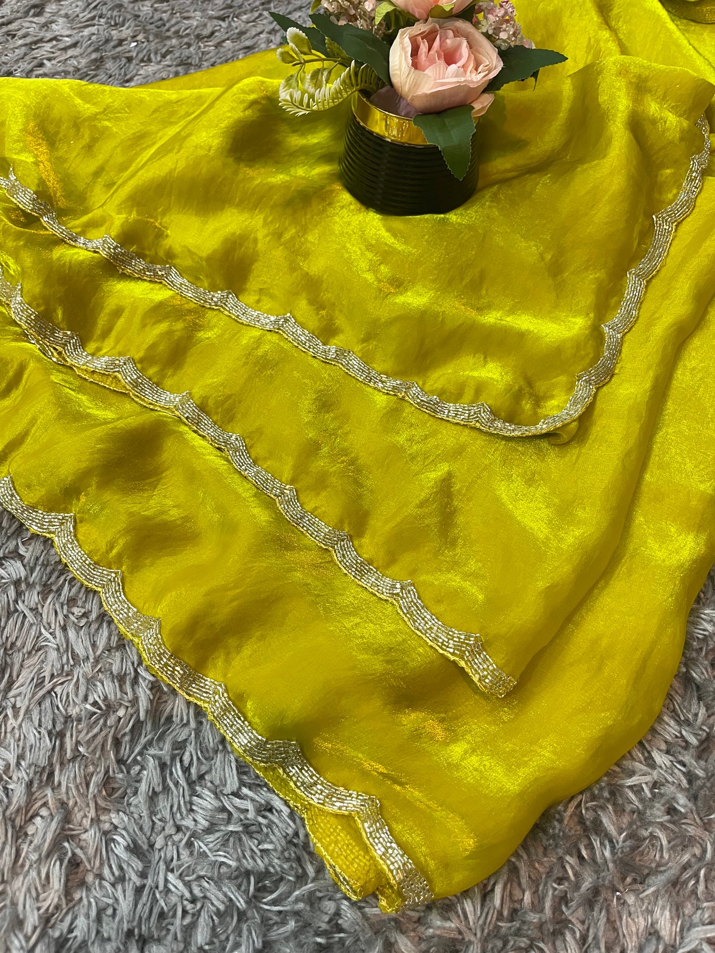 Star Velvet Satin Saree : With Handcrafted Golden Border-cutdana Work