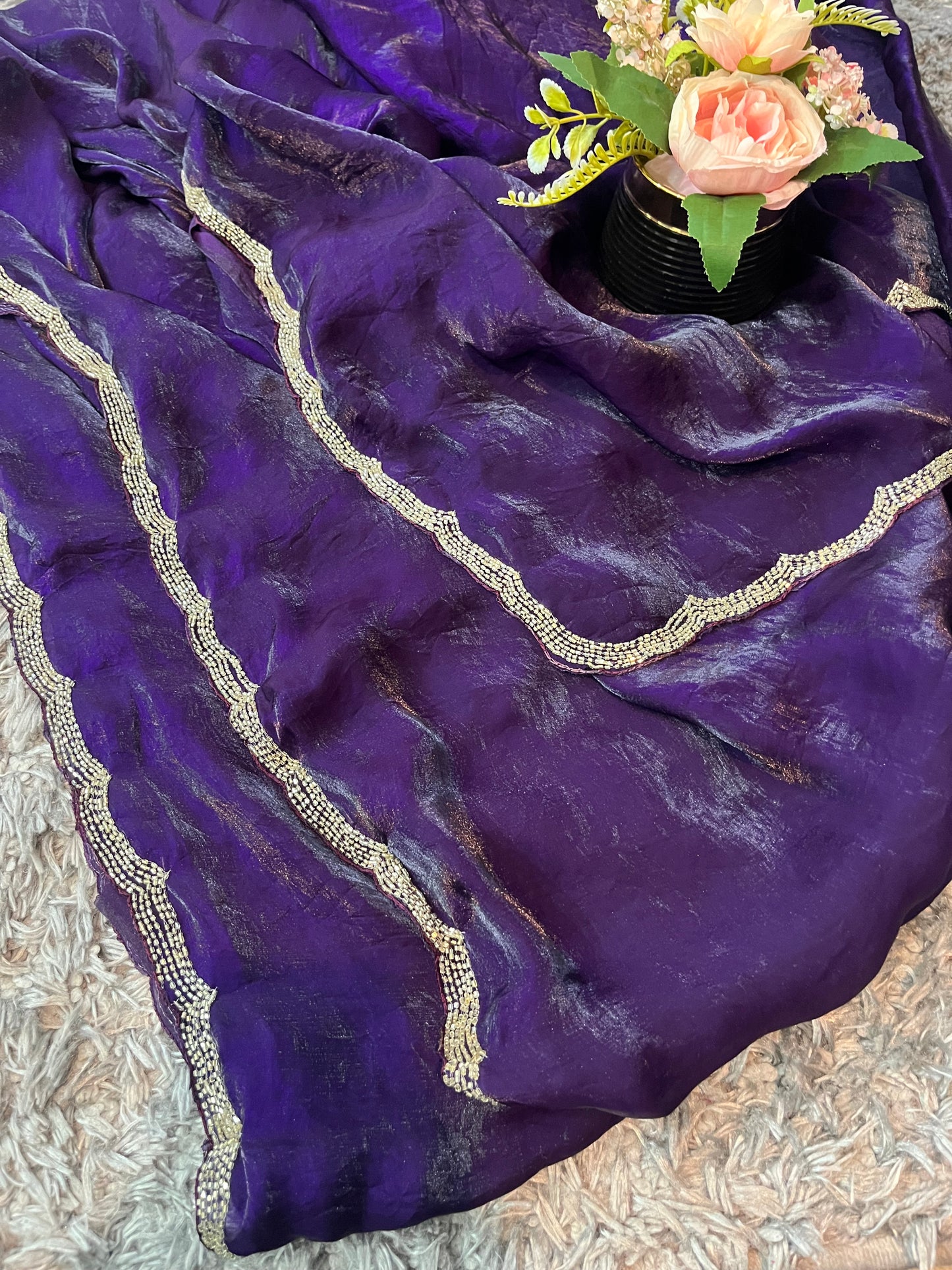 Star Velvet Satin Saree : With Handcrafted Golden Border-cutdana Work