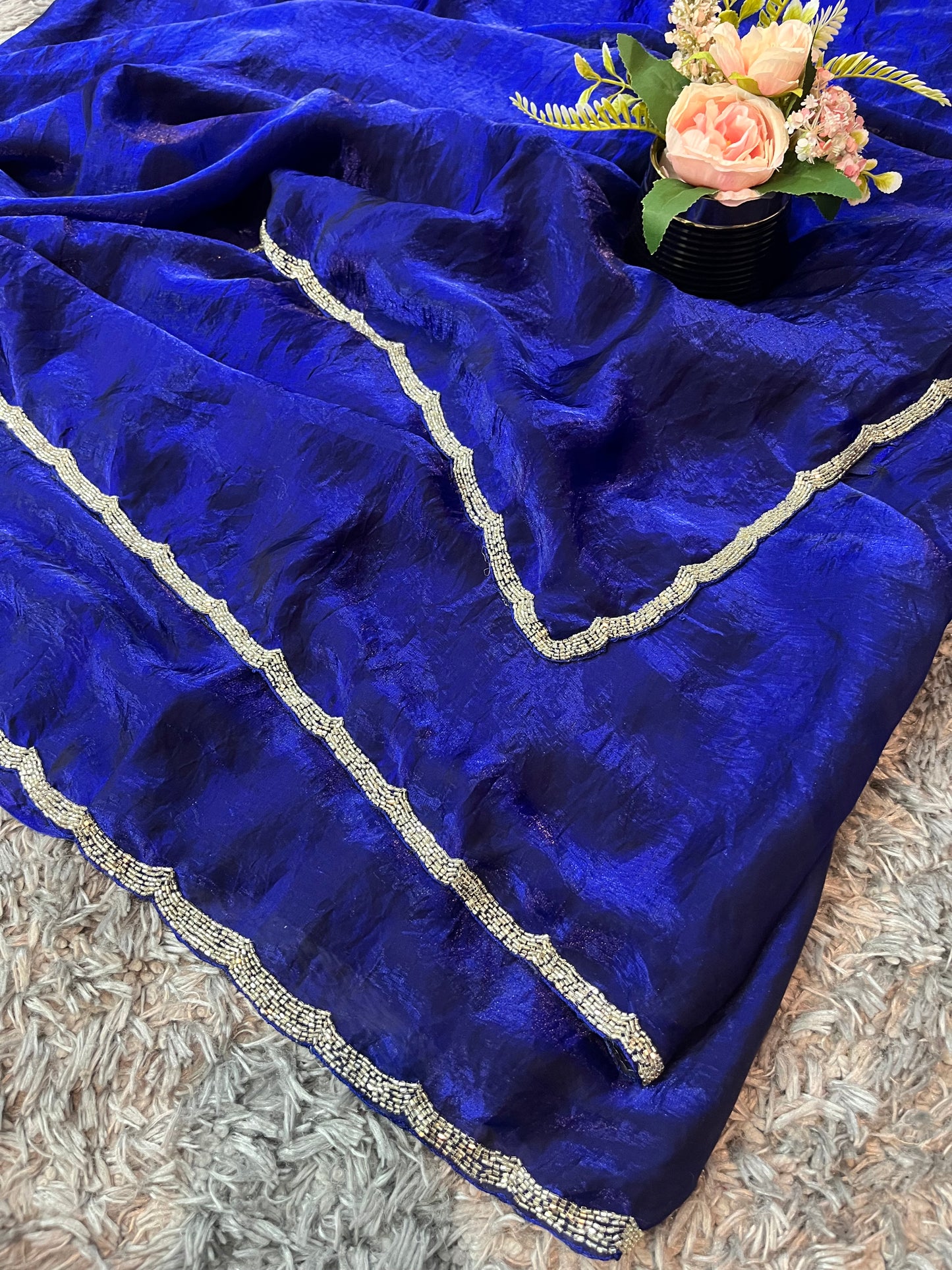 Star Velvet Satin Saree : With Handcrafted Golden Border-cutdana Work