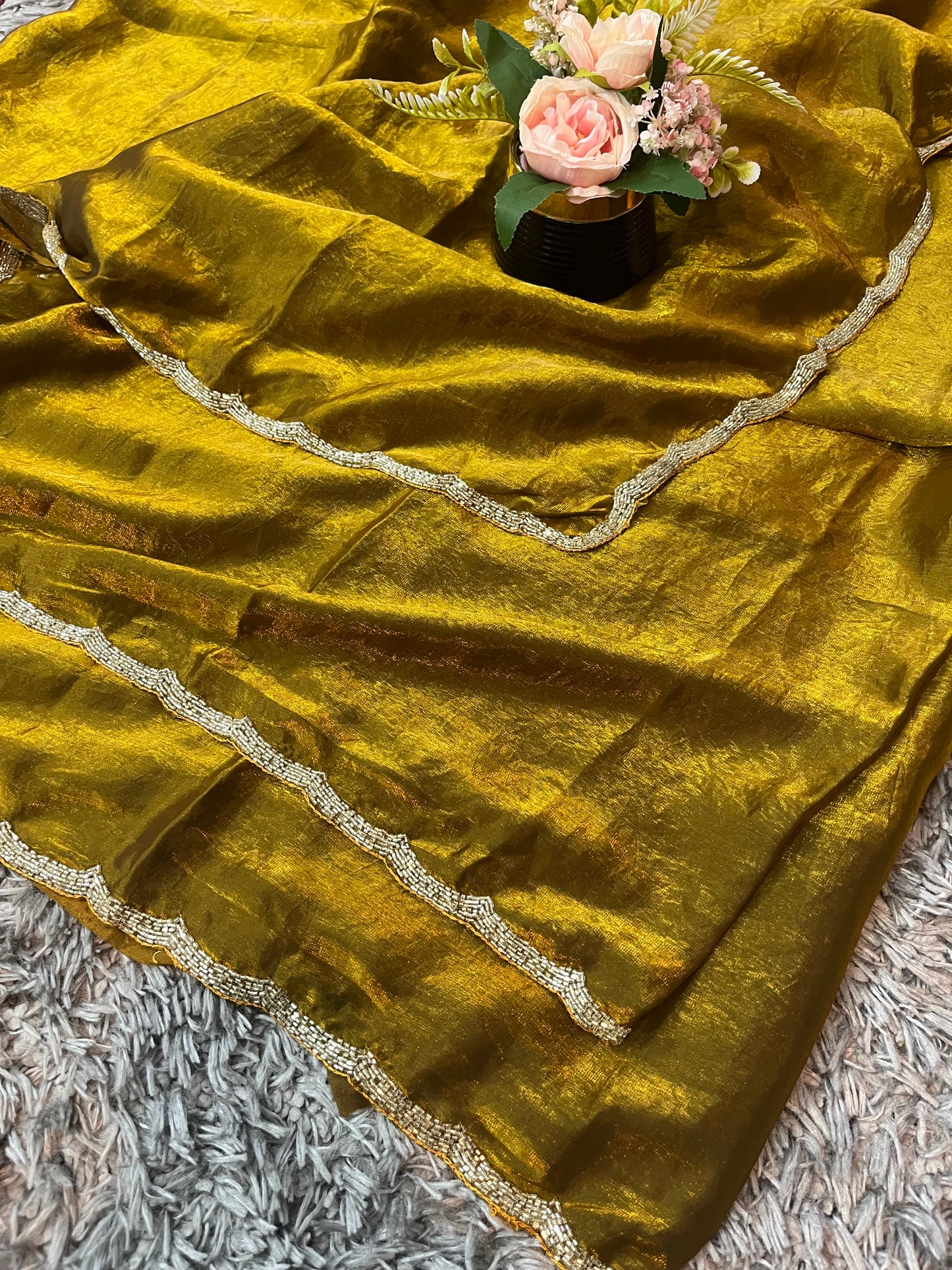 Star Velvet Satin Saree : With Handcrafted Golden Border-cutdana Work