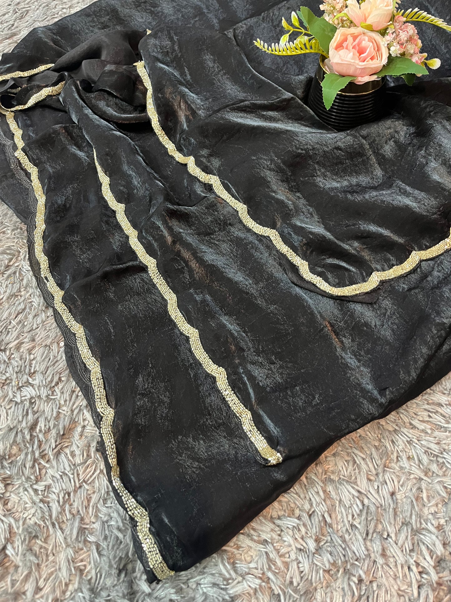 Star Velvet Satin Saree : With Handcrafted Golden Border-cutdana Work