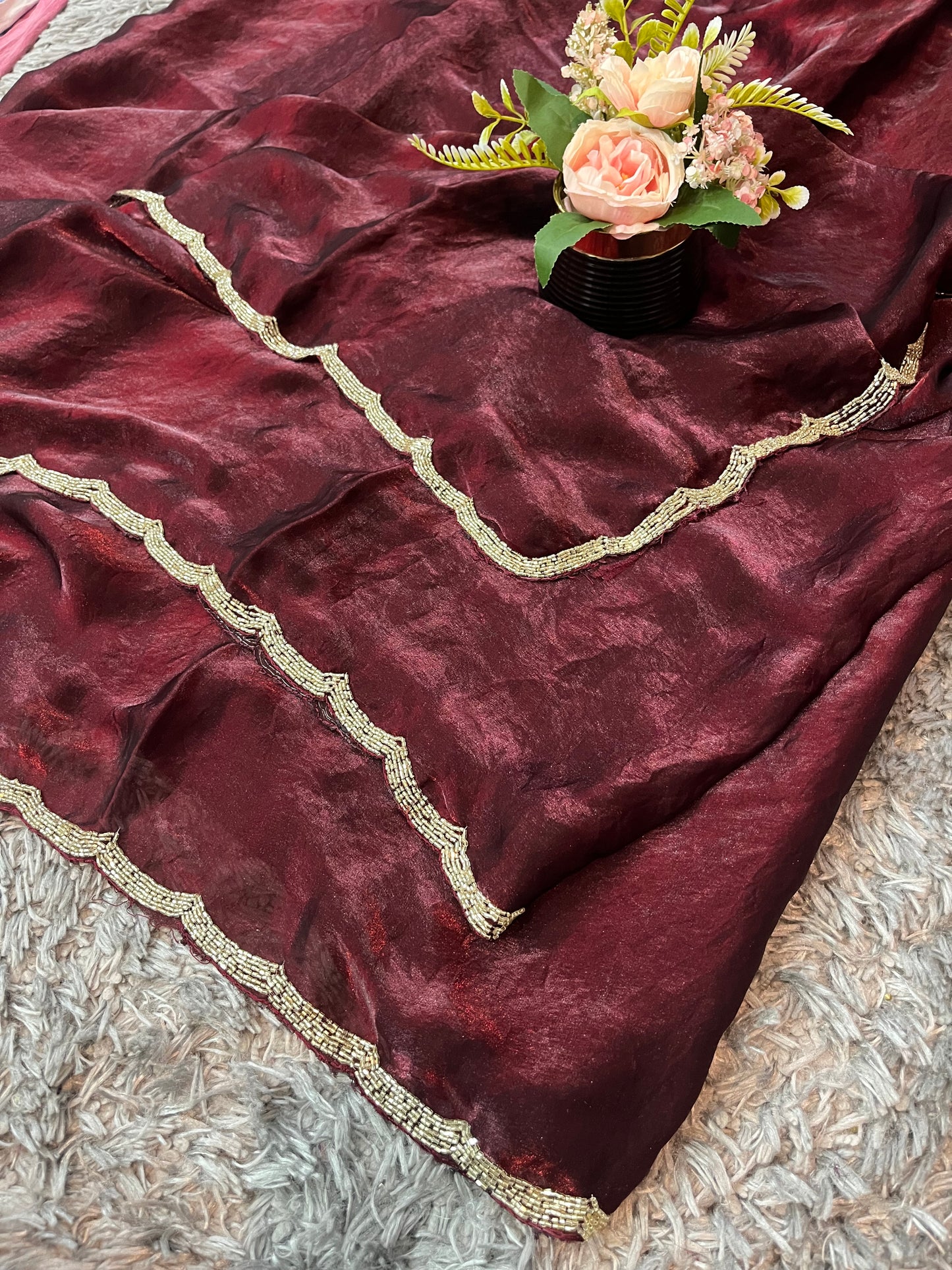 Star Velvet Satin Saree : With Handcrafted Golden Border-cutdana Work