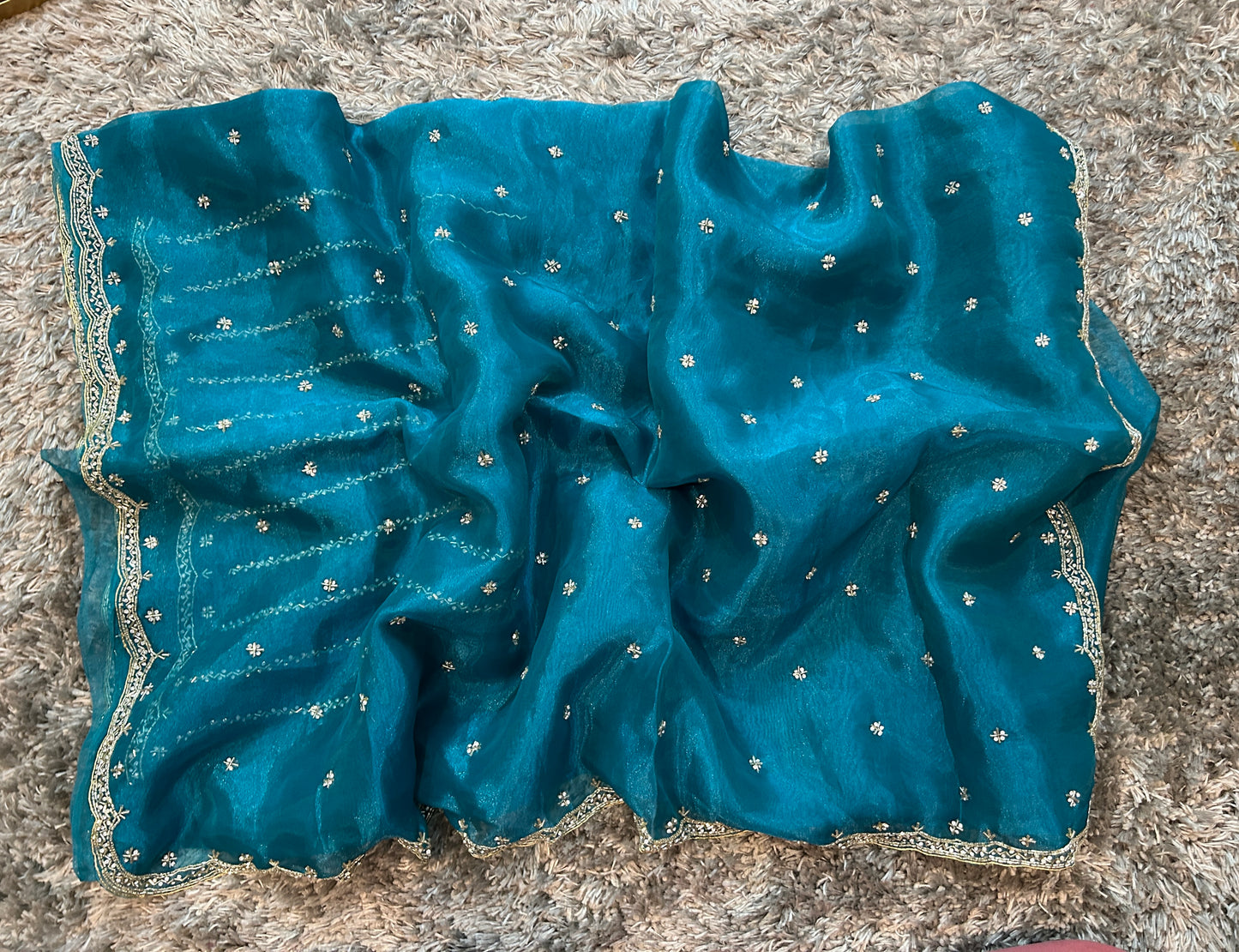 Hand worked tissue organza sarees with allover floral butta