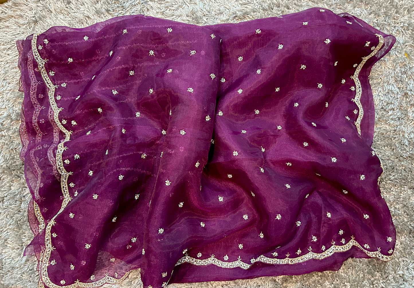 Hand worked tissue organza sarees with allover floral butta