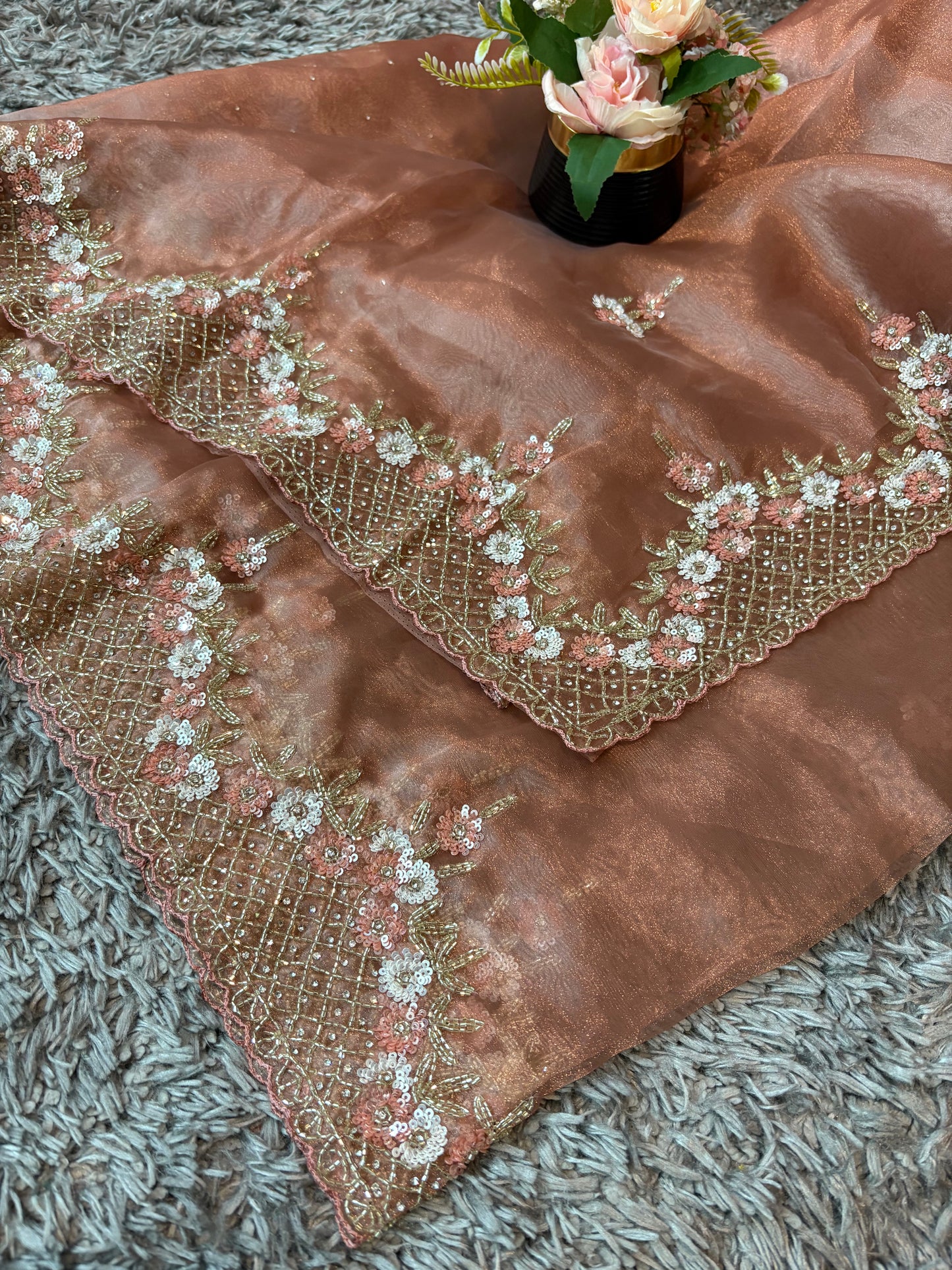 Handworked Tissue organza saree in triangle motif