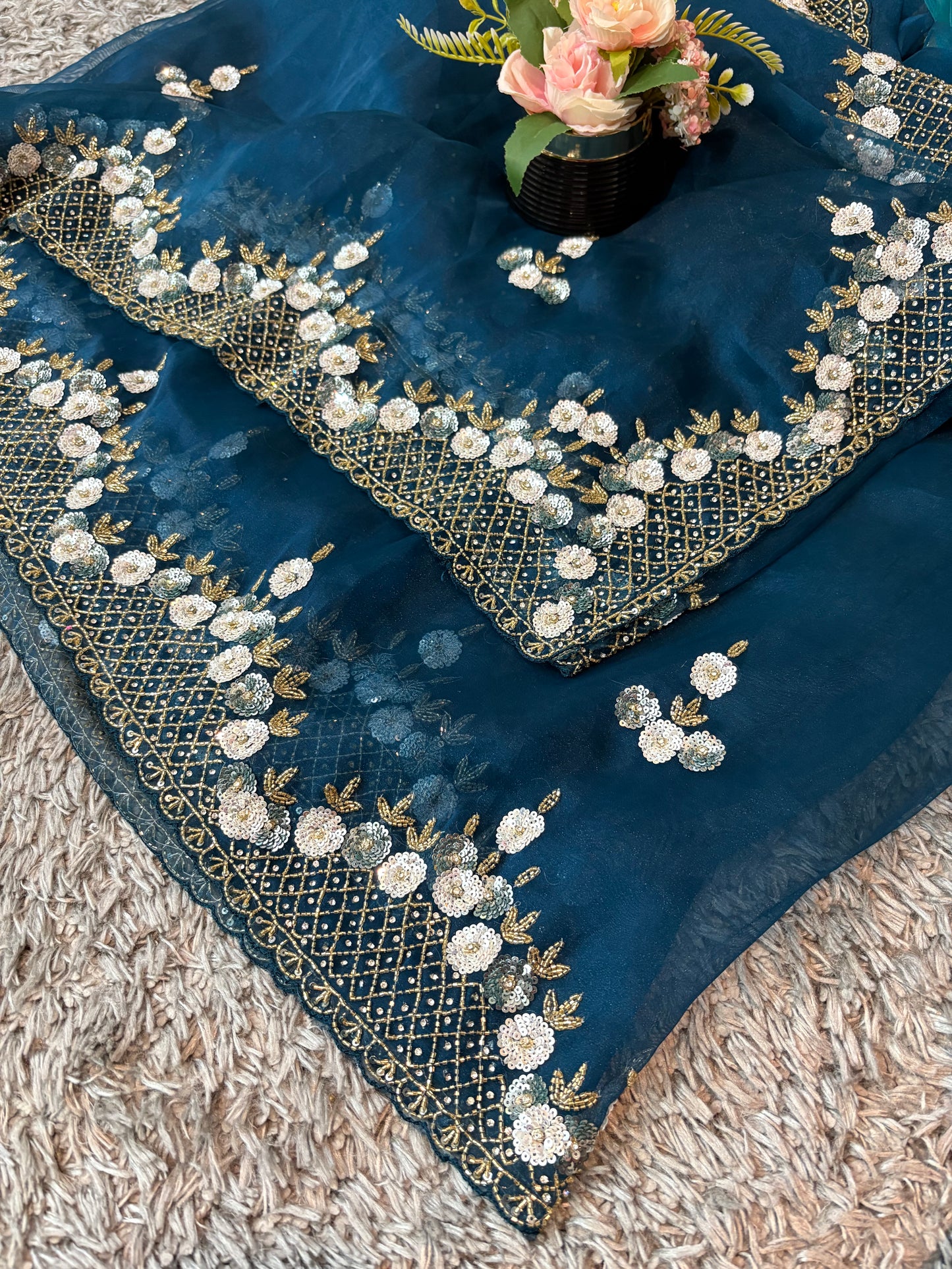 Handworked Tissue organza saree in triangle motif