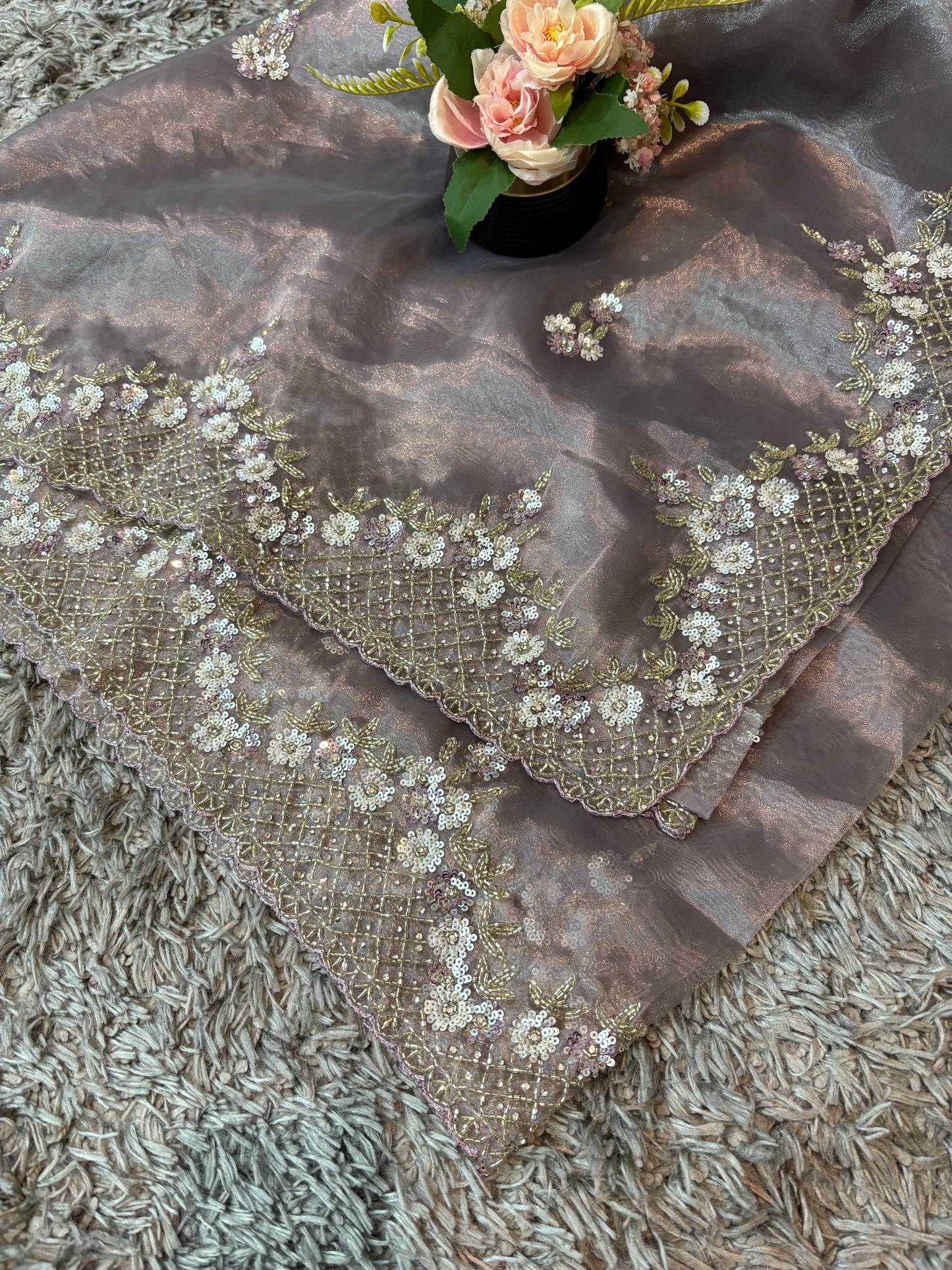 Handworked Tissue organza saree in triangle motif