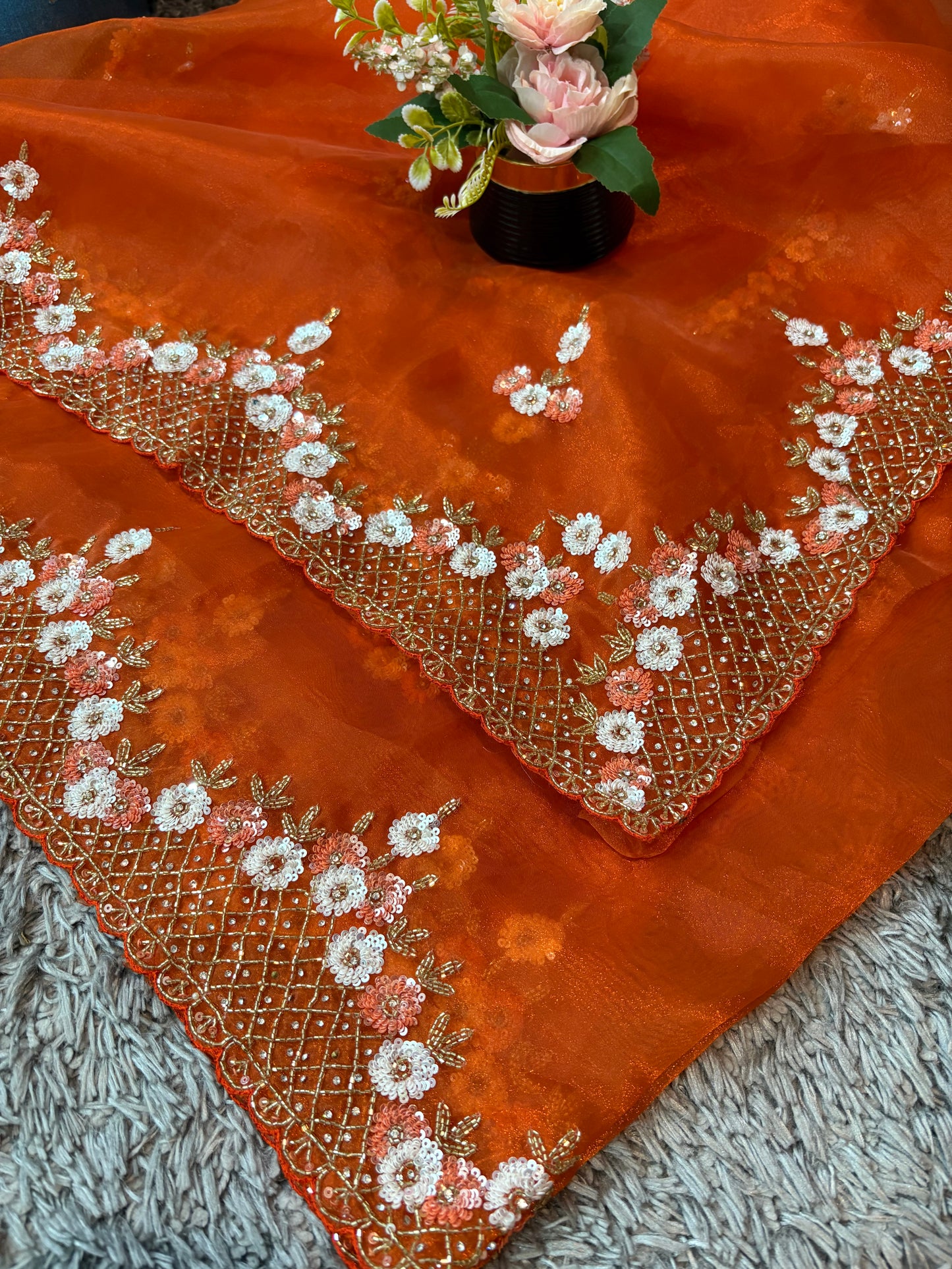Handworked Tissue organza saree in triangle motif