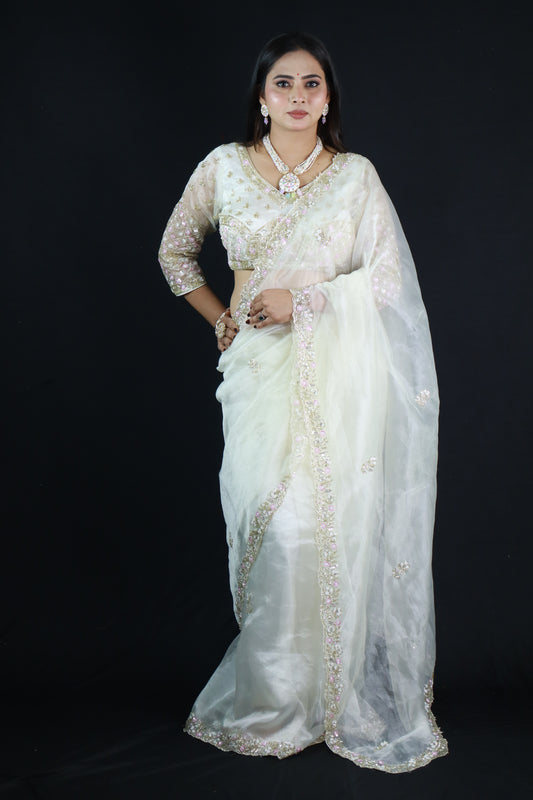 Nilam Exclusive Handworked Tissue Organza Saree with readymade blouse