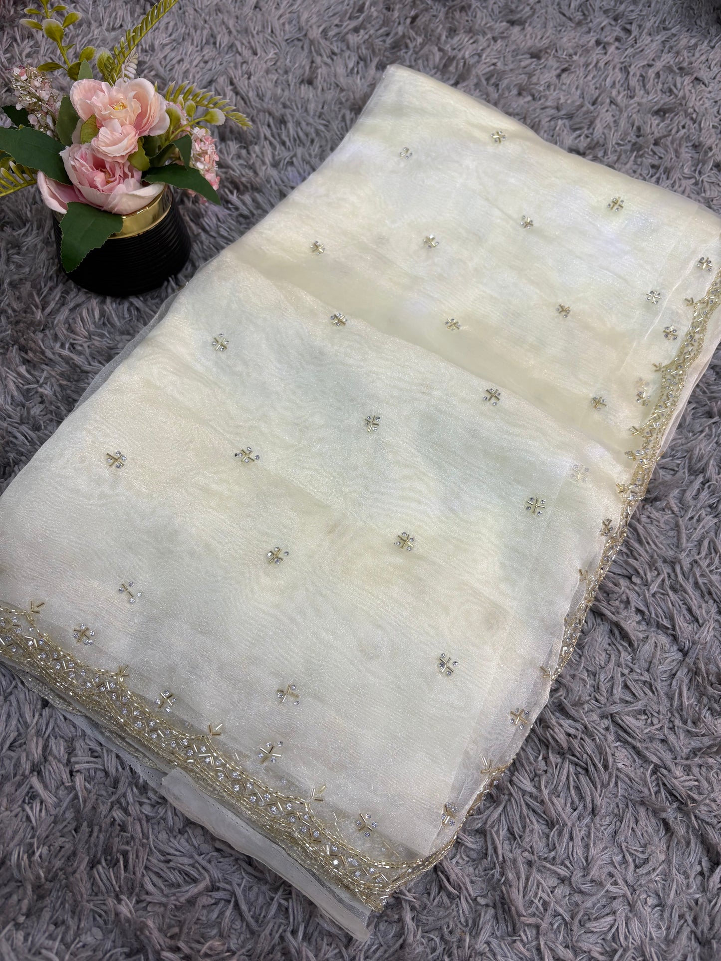 Handworked tissue organza sarees with allover floral butta