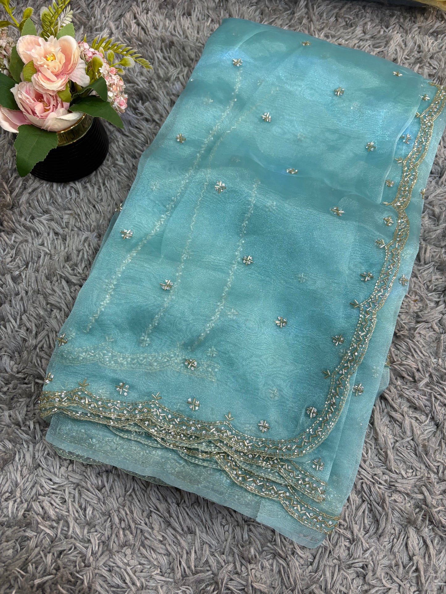 Handworked tissue organza sarees with allover floral butta