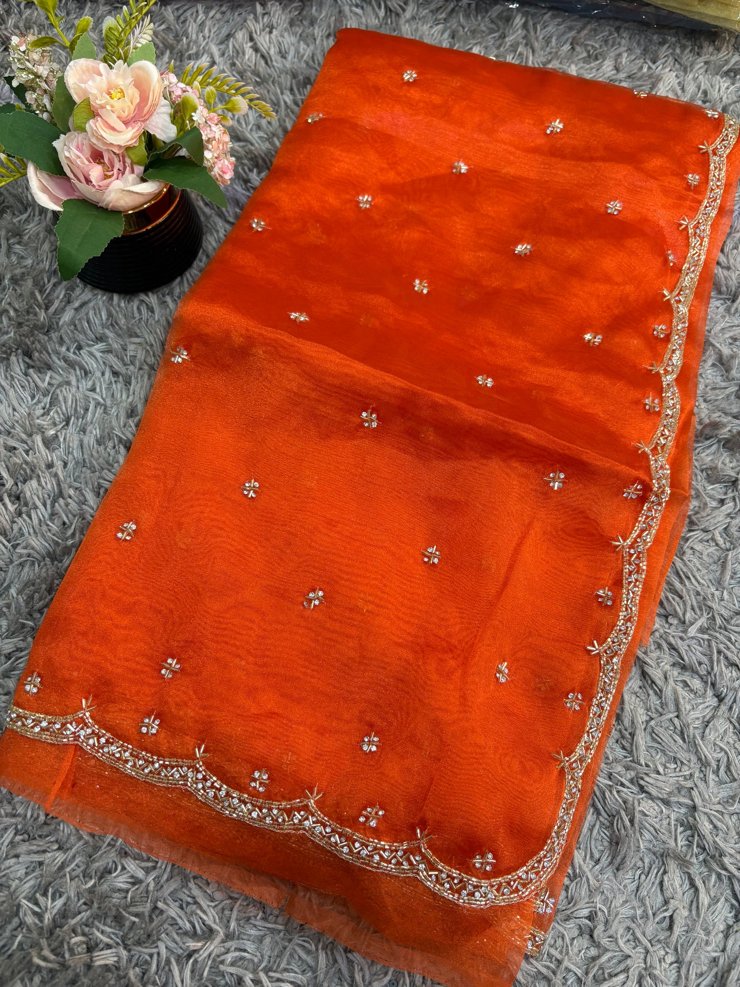 Handworked tissue organza sarees with allover floral butta