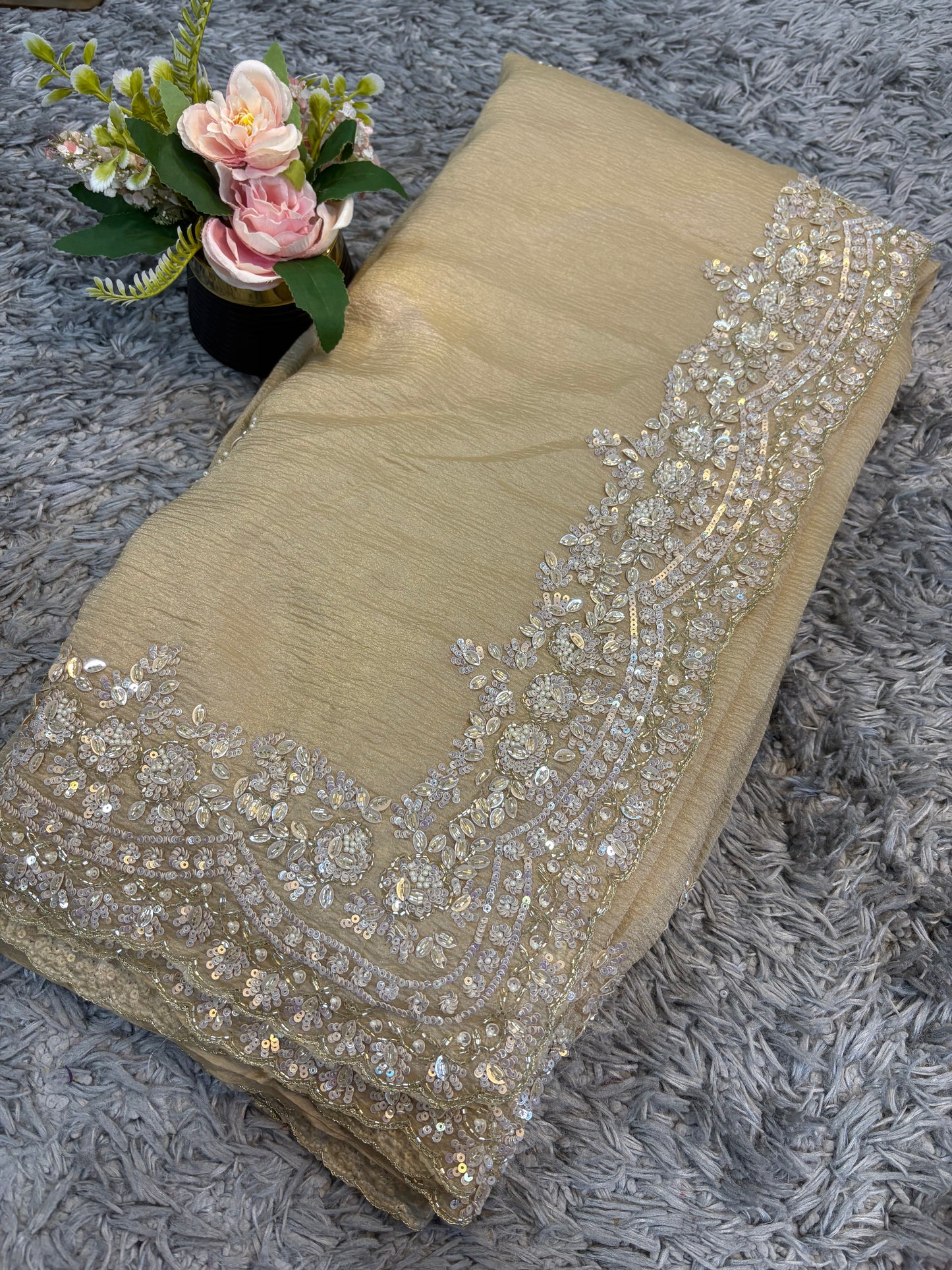 Exclusive handworked pure crush tissue saree