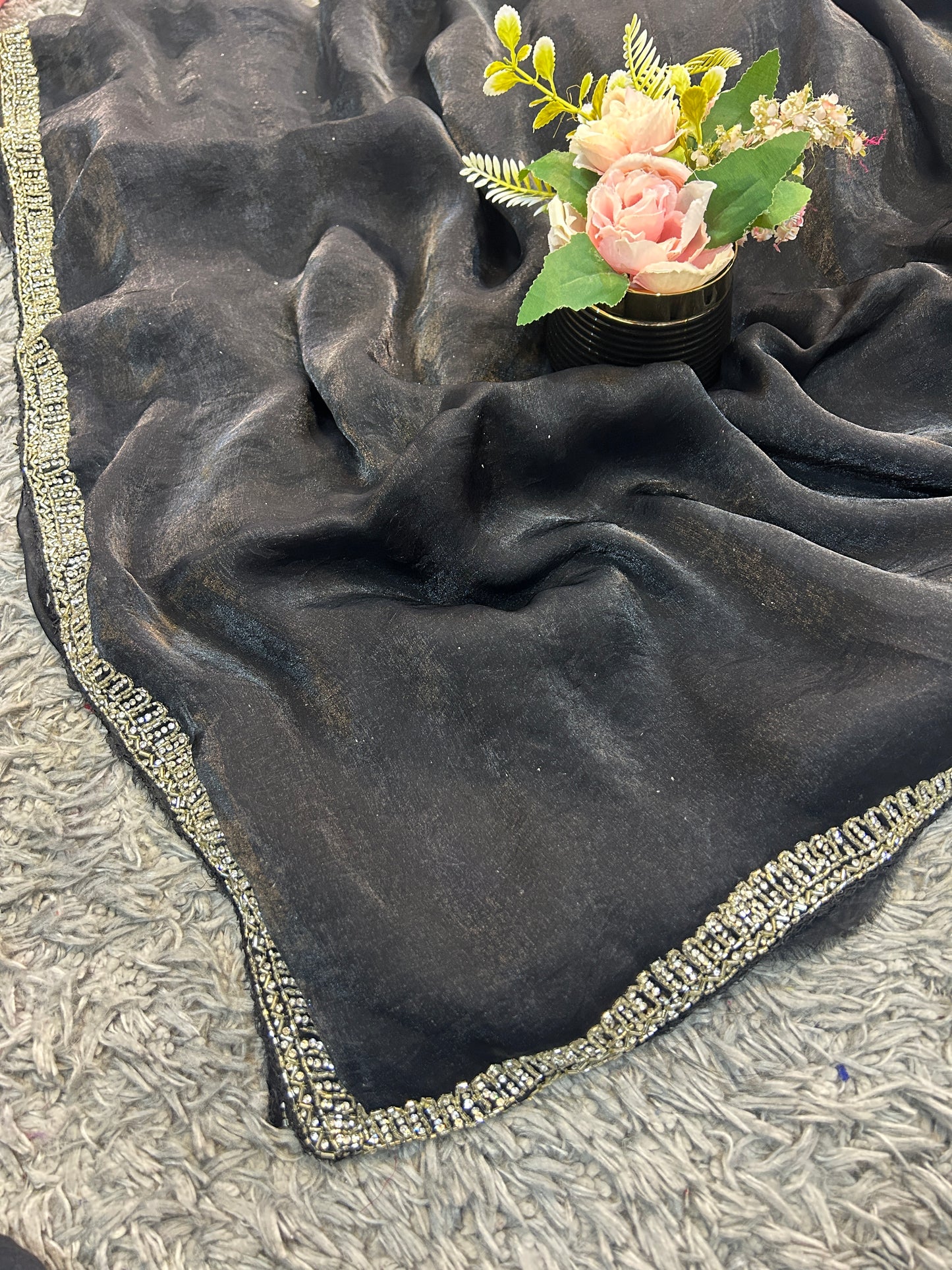 Meera Velvet Satin Saree with Handcrafted Cutdana & Zardosi Embroidery