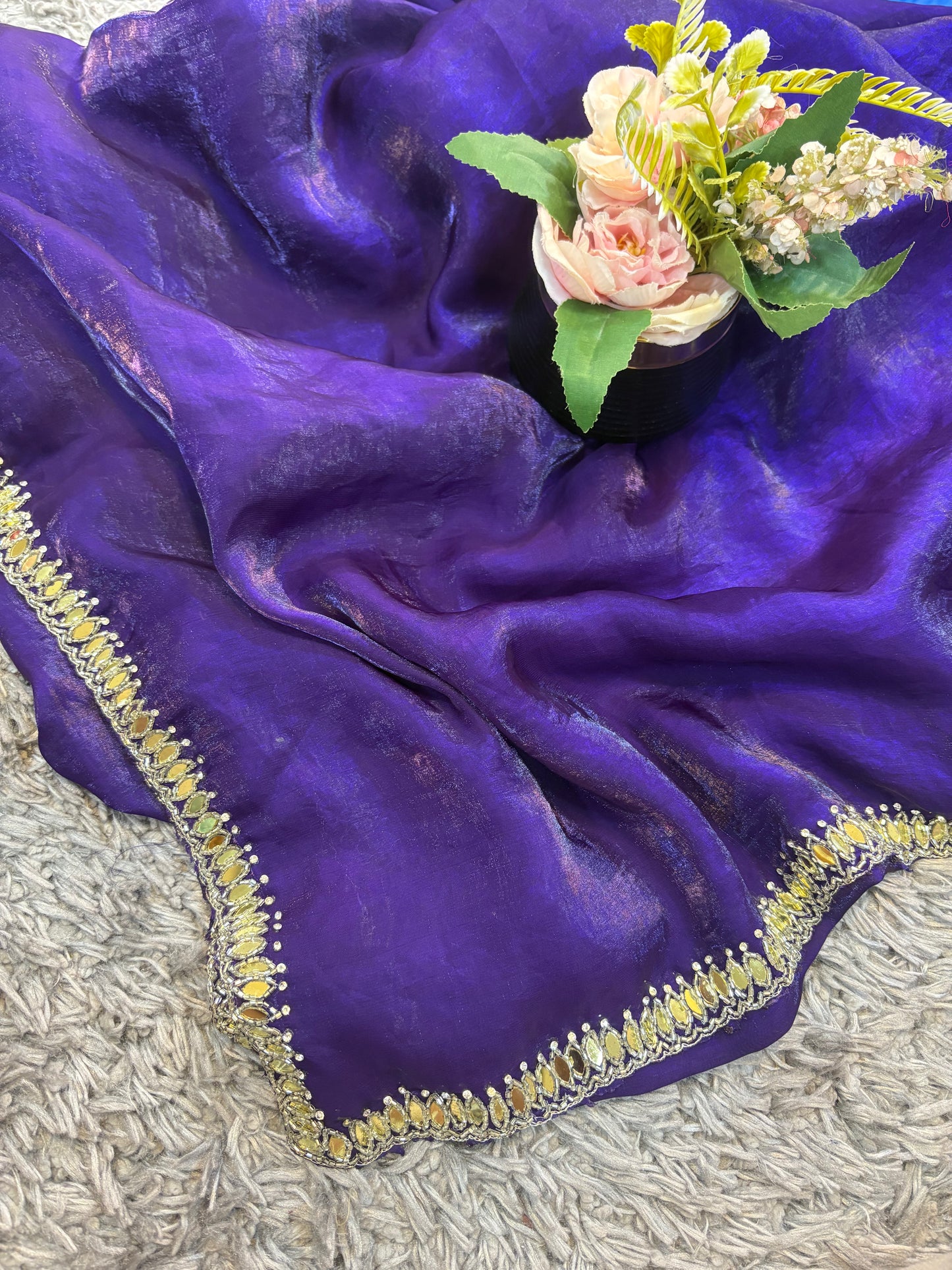 Kajal Velvet Satin Saree with Real Mirror, Cutdana & Zircon Stone Work