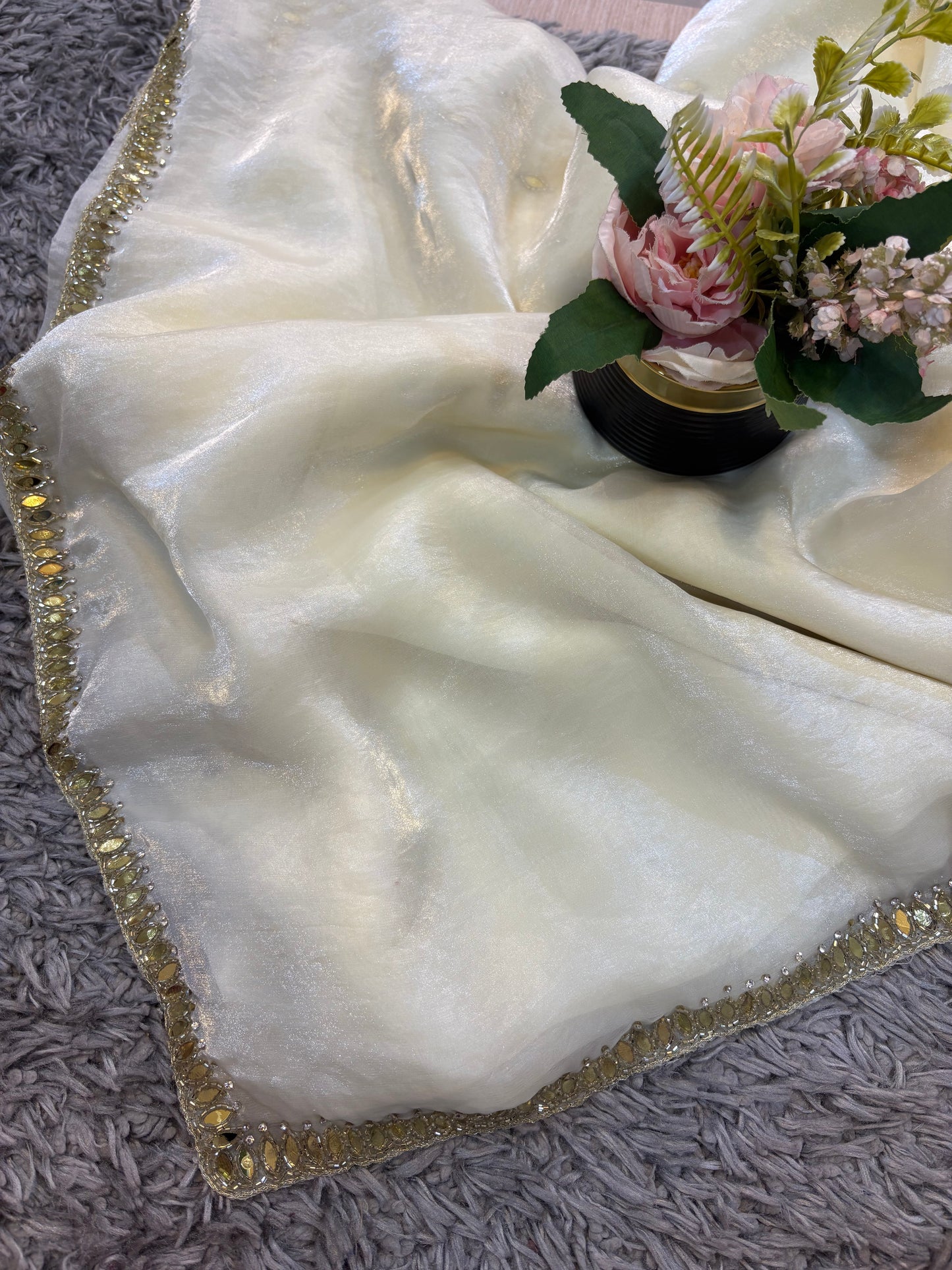 Kajal Velvet Satin Saree with Real Mirror, Cutdana & Zircon Stone Work