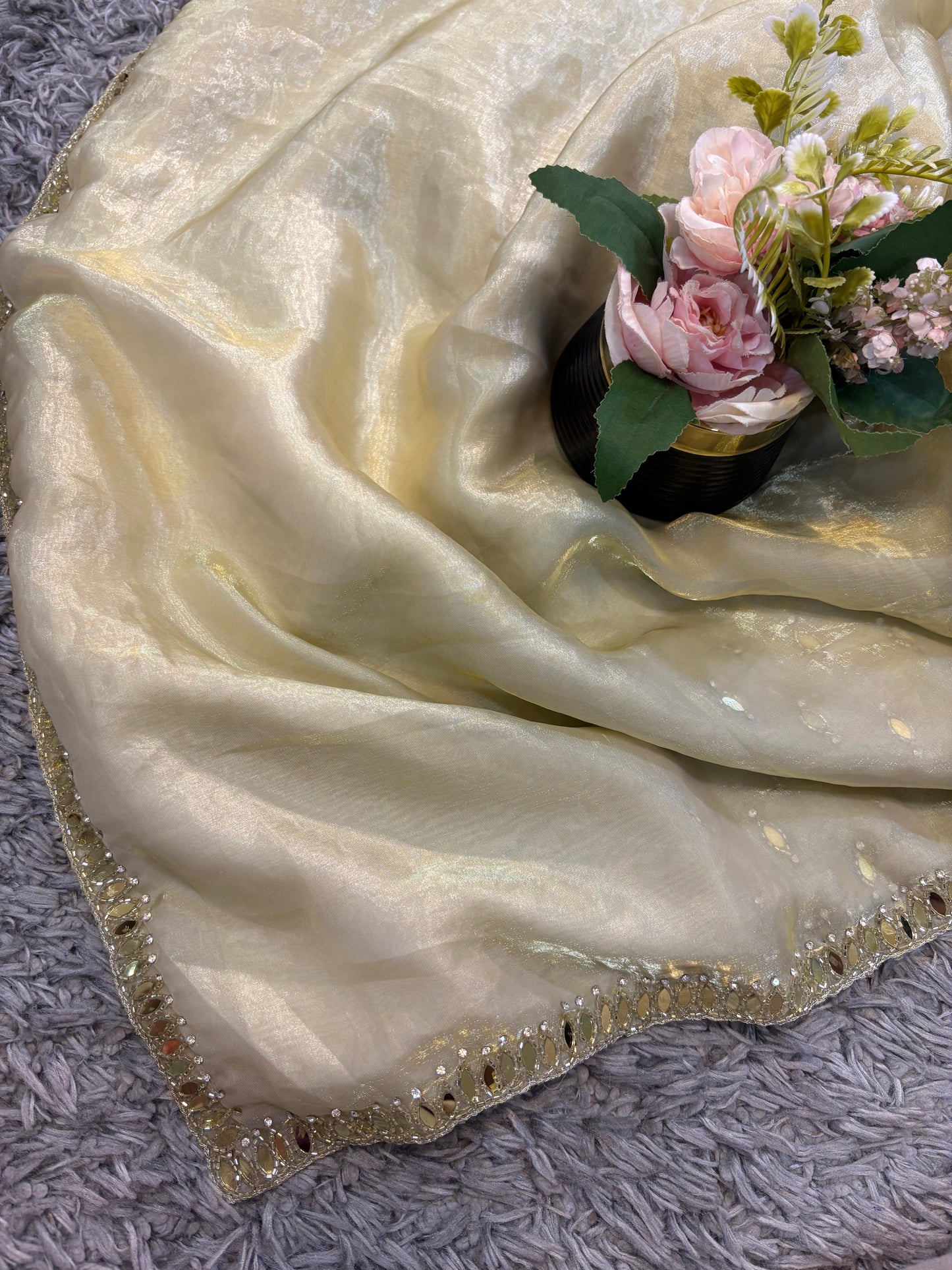 Kajal Velvet Satin Saree with Real Mirror, Cutdana & Zircon Stone Work