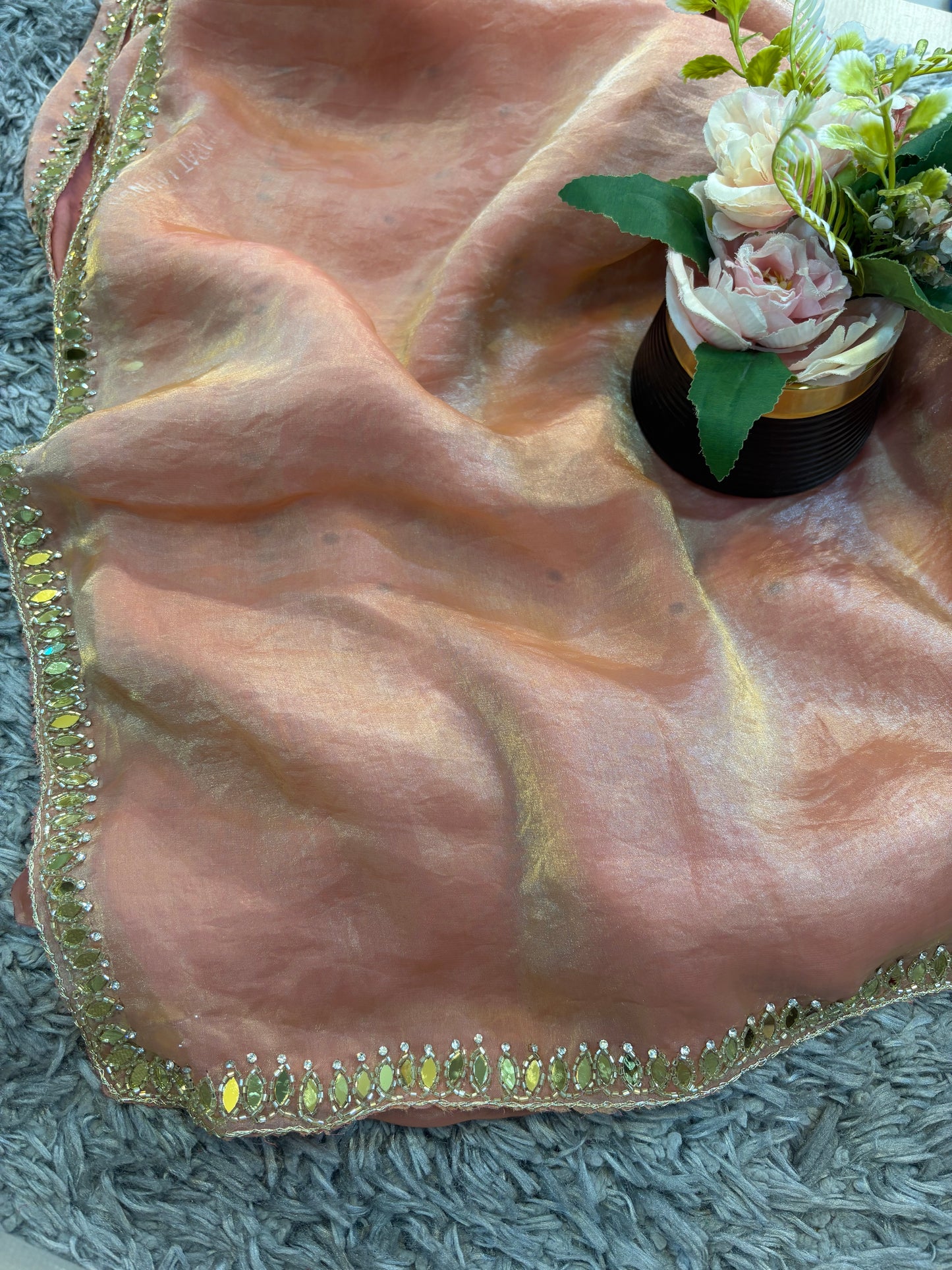 Kajal Velvet Satin Saree with Real Mirror, Cutdana & Zircon Stone Work