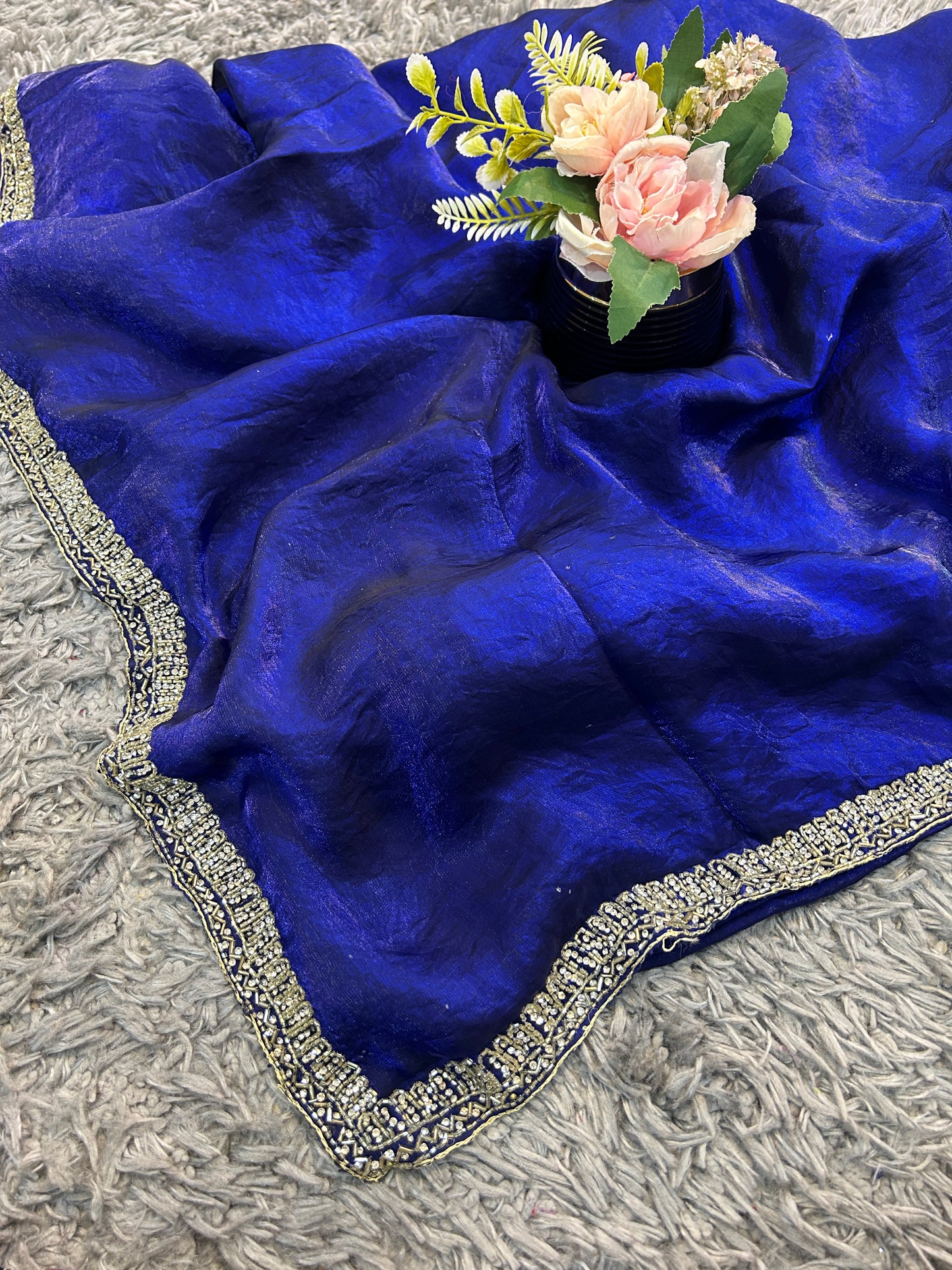Meera Velvet Satin Saree with Handcrafted Cutdana & Zardosi Embroidery