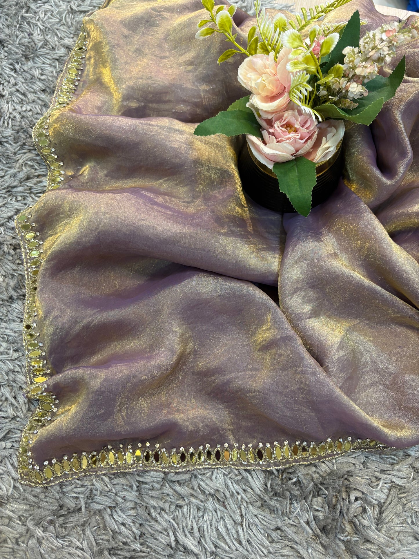 Kajal Velvet Satin Saree with Real Mirror, Cutdana & Zircon Stone Work