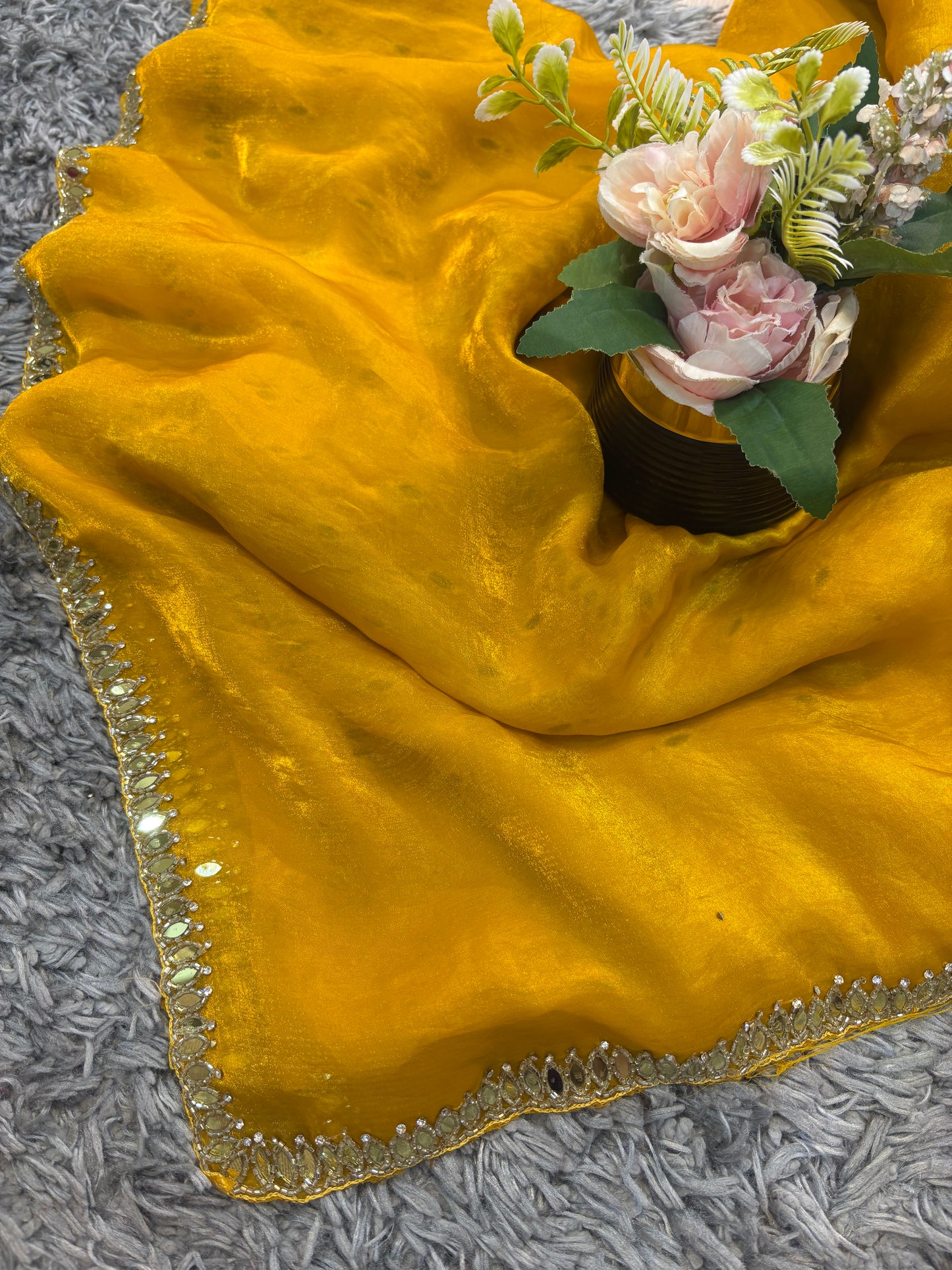 Kajal Velvet Satin Saree with Real Mirror, Cutdana & Zircon Stone Work