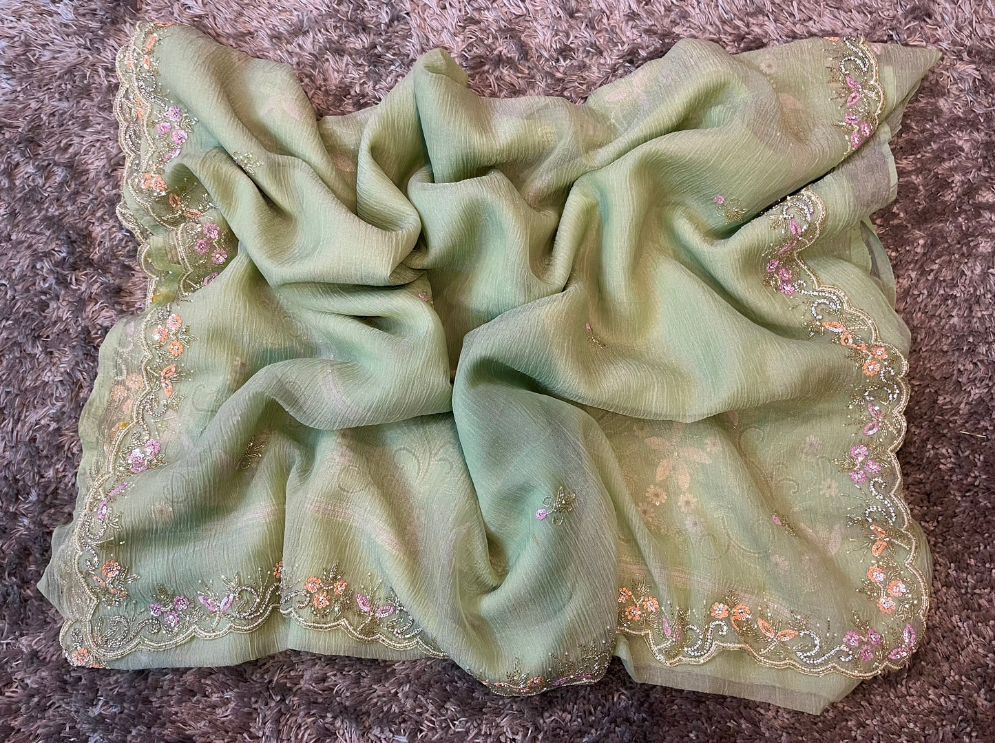 Hand Worked Pure Crush tissue sarees with heavy blouse