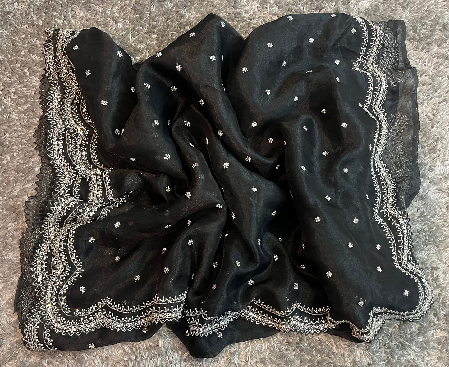 Handworked tissue organza sarees in cutwork border
