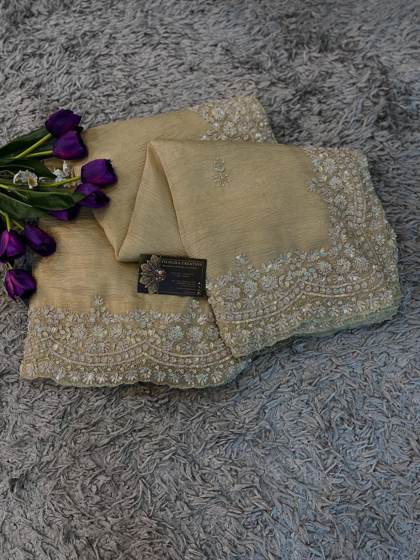 Exclusive handworked pure crush tissue saree