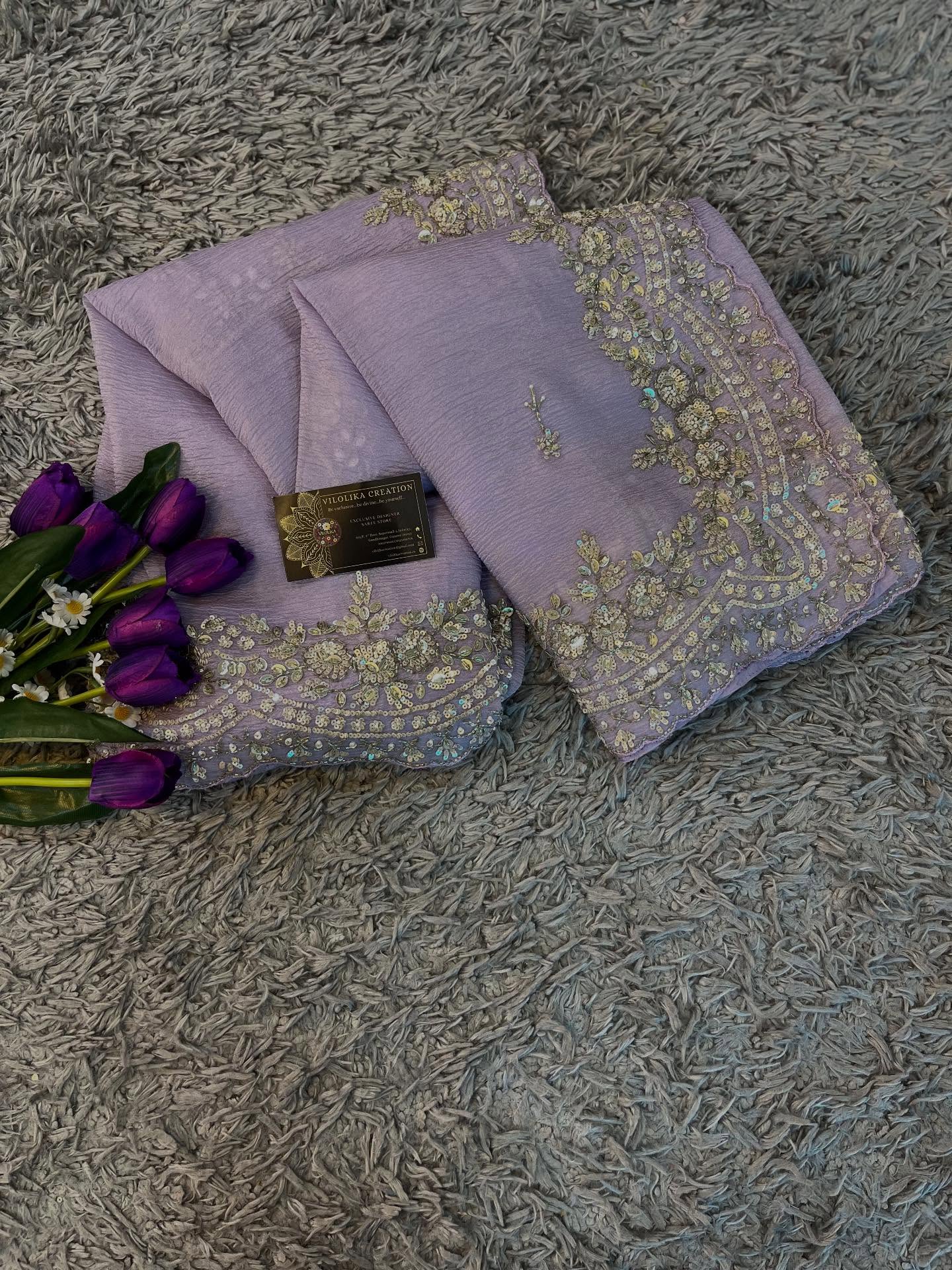 Exclusive handworked pure crush tissue saree