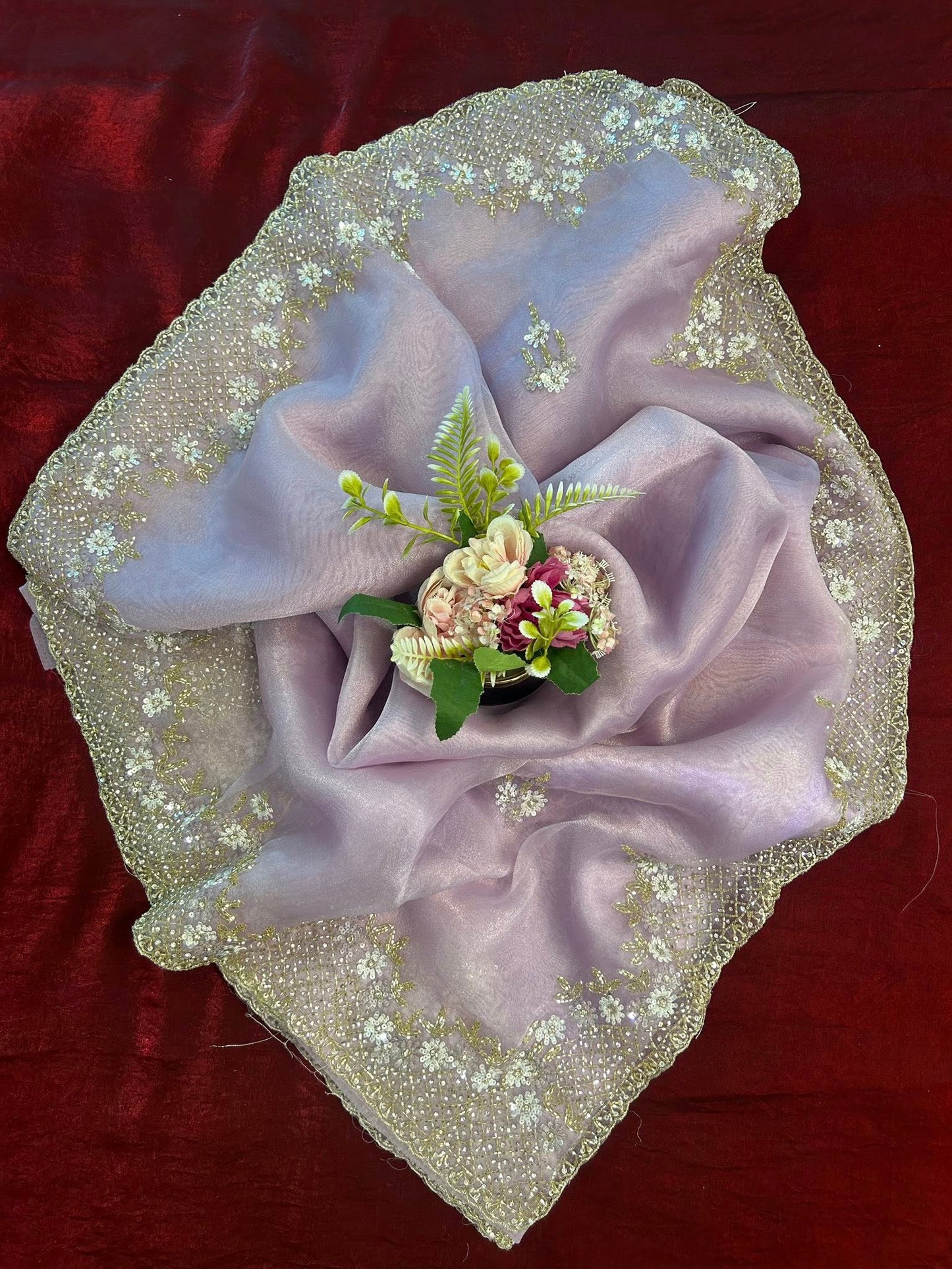 Handworked Tissue organza saree in triangle motif